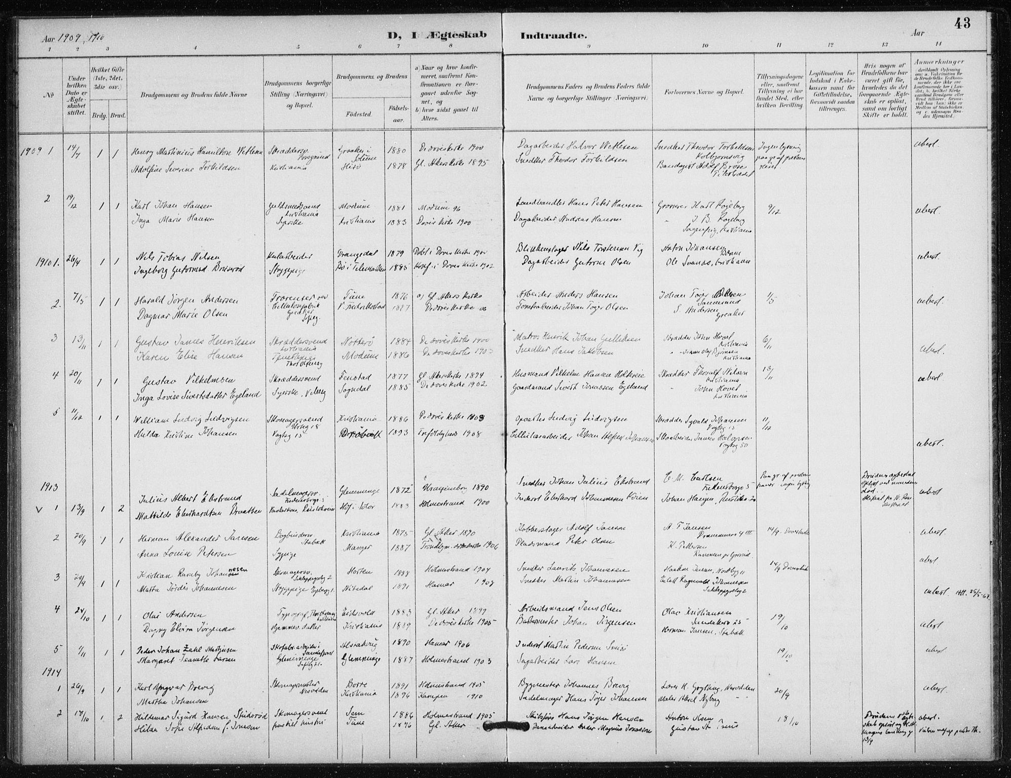 Døves menighet Oslo prestekontor kirkebøker, AV/SAO-A-11064/F/L0001: Parish register (official) no. 1, 1895-1919, p. 43