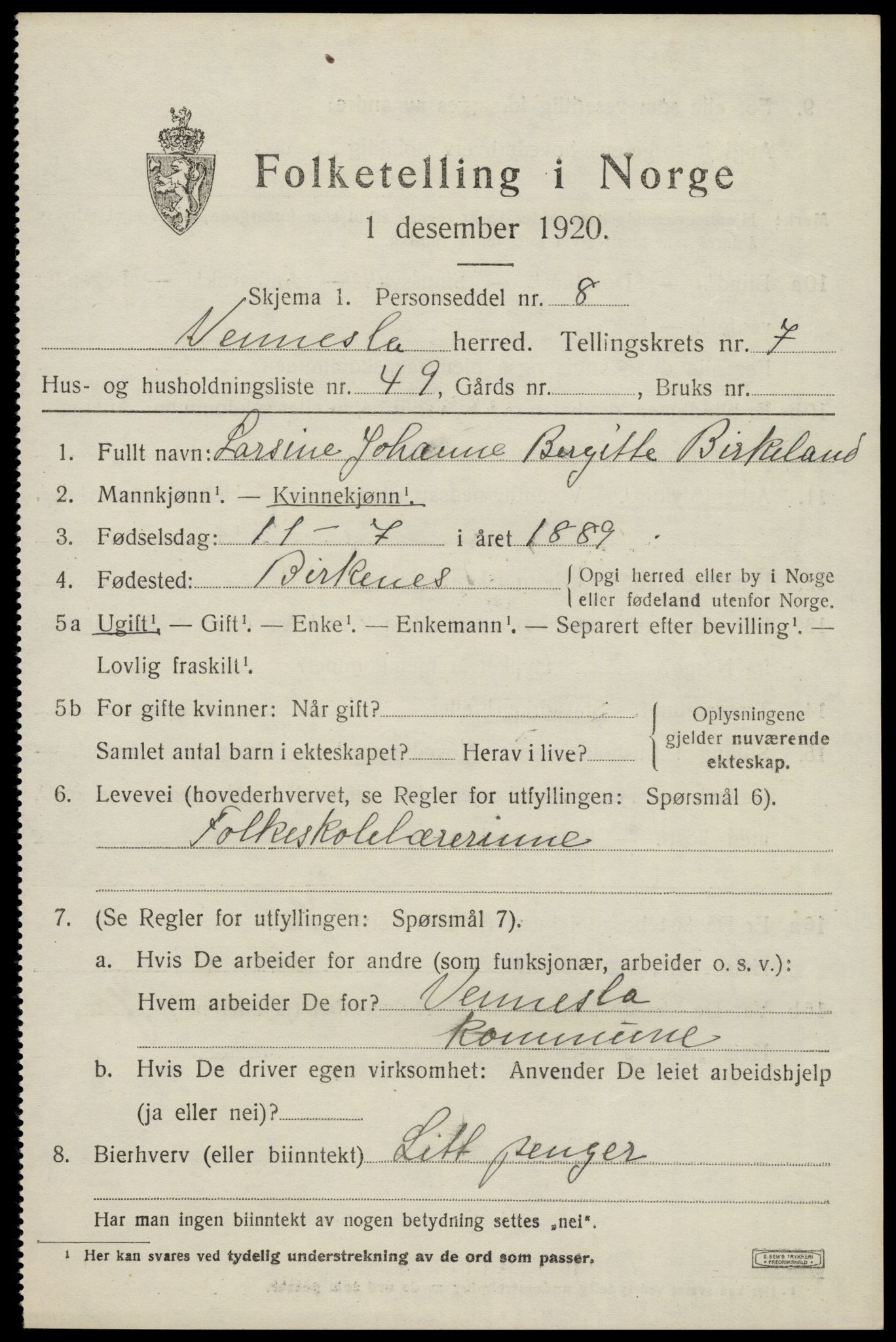 SAK, 1920 census for Vennesla, 1920, p. 5508