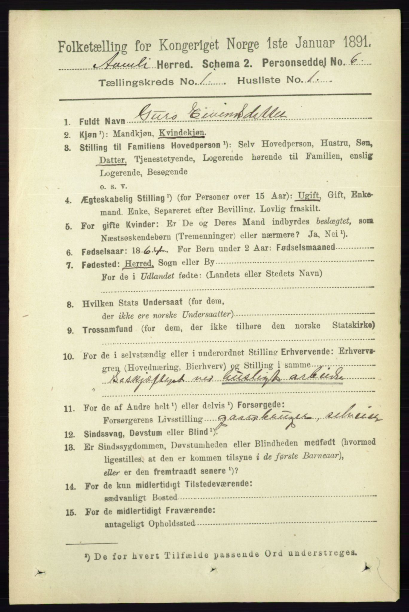 RA, 1891 census for 0929 Åmli, 1891, p. 64