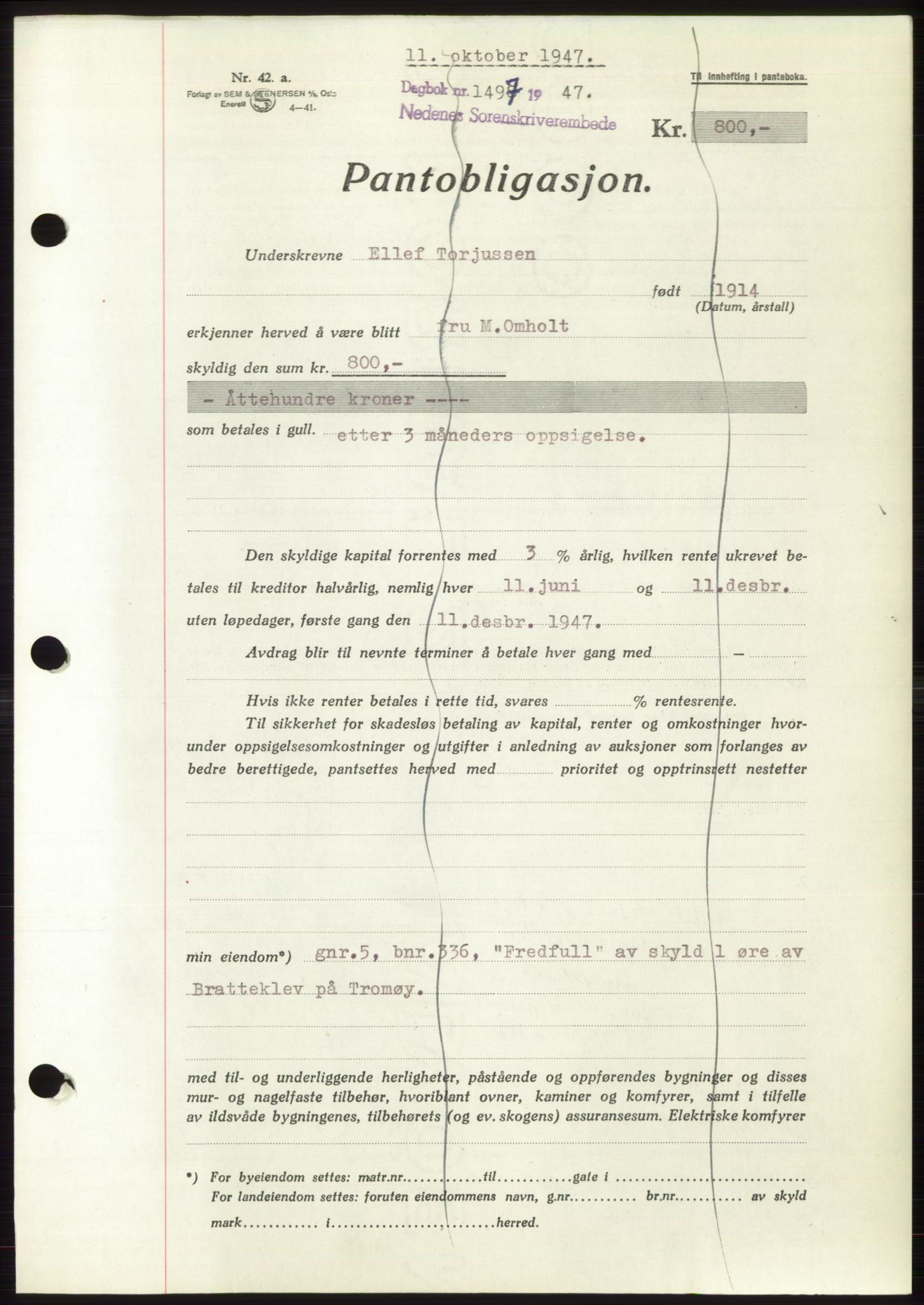 Nedenes sorenskriveri, AV/SAK-1221-0006/G/Gb/Gbb/L0004: Mortgage book no. B4, 1947-1947, Diary no: : 1497/1947