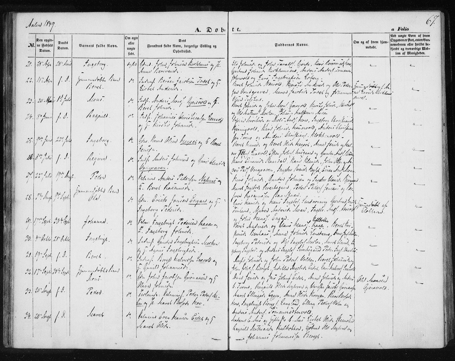 Ministerialprotokoller, klokkerbøker og fødselsregistre - Sør-Trøndelag, SAT/A-1456/685/L0965: Parish register (official) no. 685A06 /3, 1846-1859, p. 67