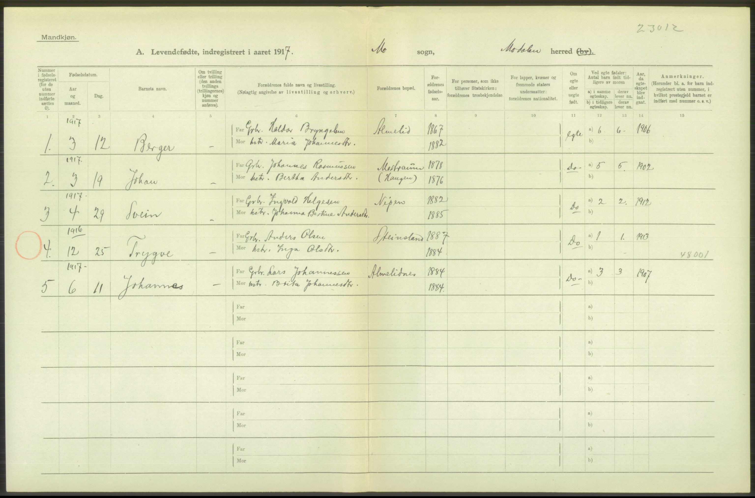 Statistisk sentralbyrå, Sosiodemografiske emner, Befolkning, RA/S-2228/D/Df/Dfb/Dfbg/L0034: S. Bergenhus amt: Levendefødte menn og kvinner. Bygder., 1917, p. 206