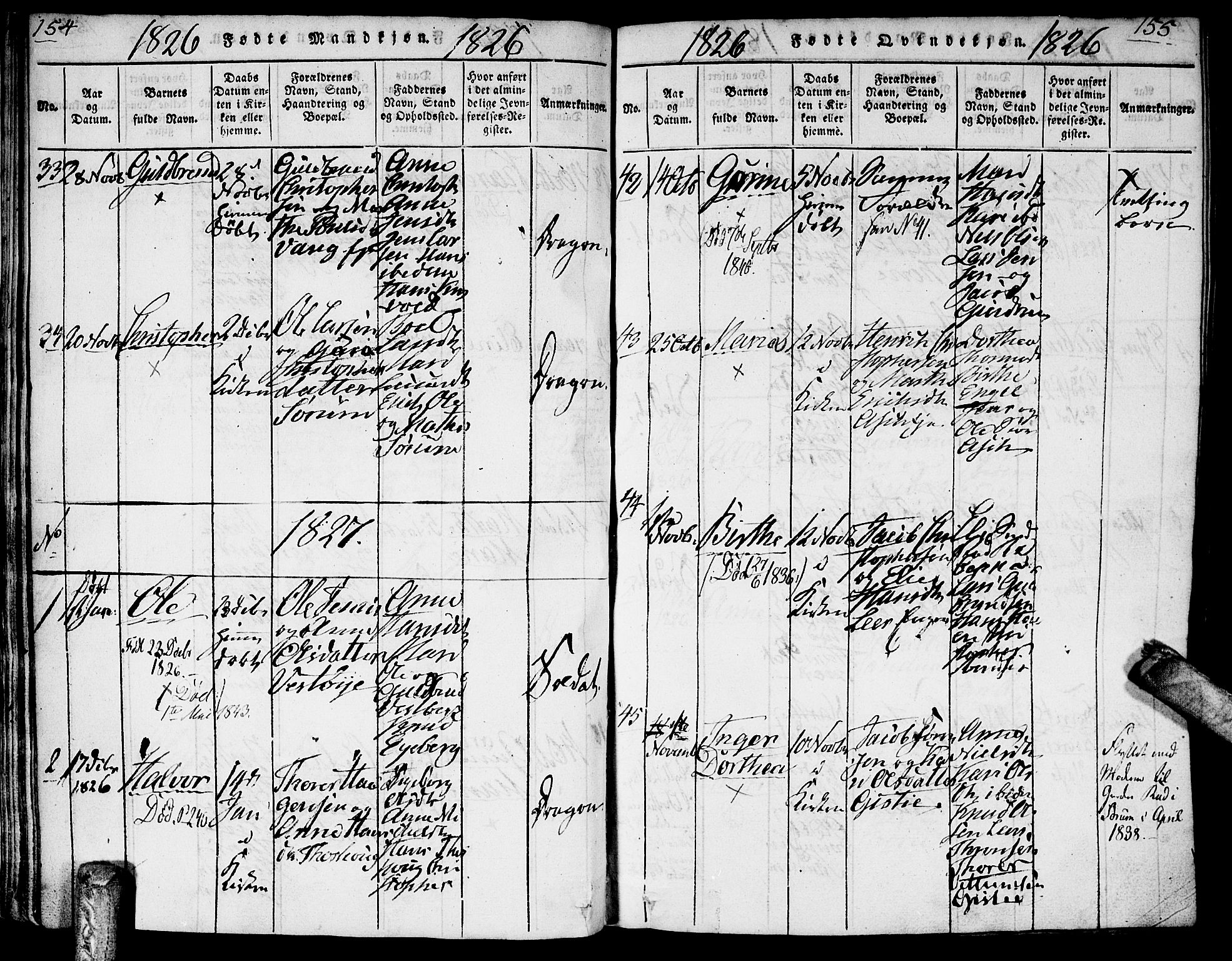 Gjerdrum prestekontor Kirkebøker, AV/SAO-A-10412b/G/Ga/L0001: Parish register (copy) no. I 1, 1816-1837, p. 154-155