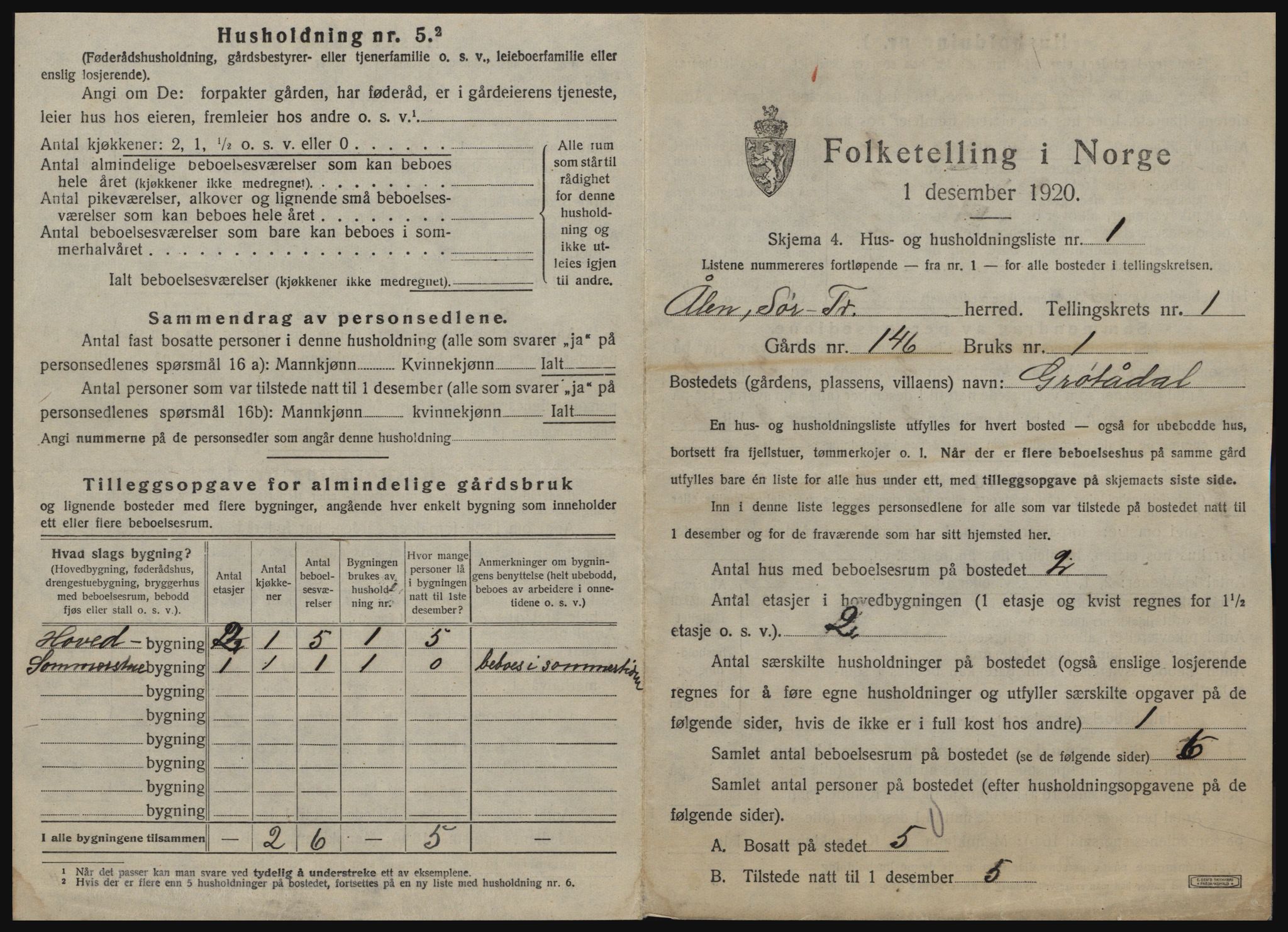 SAT, 1920 census for Ålen, 1920, p. 46