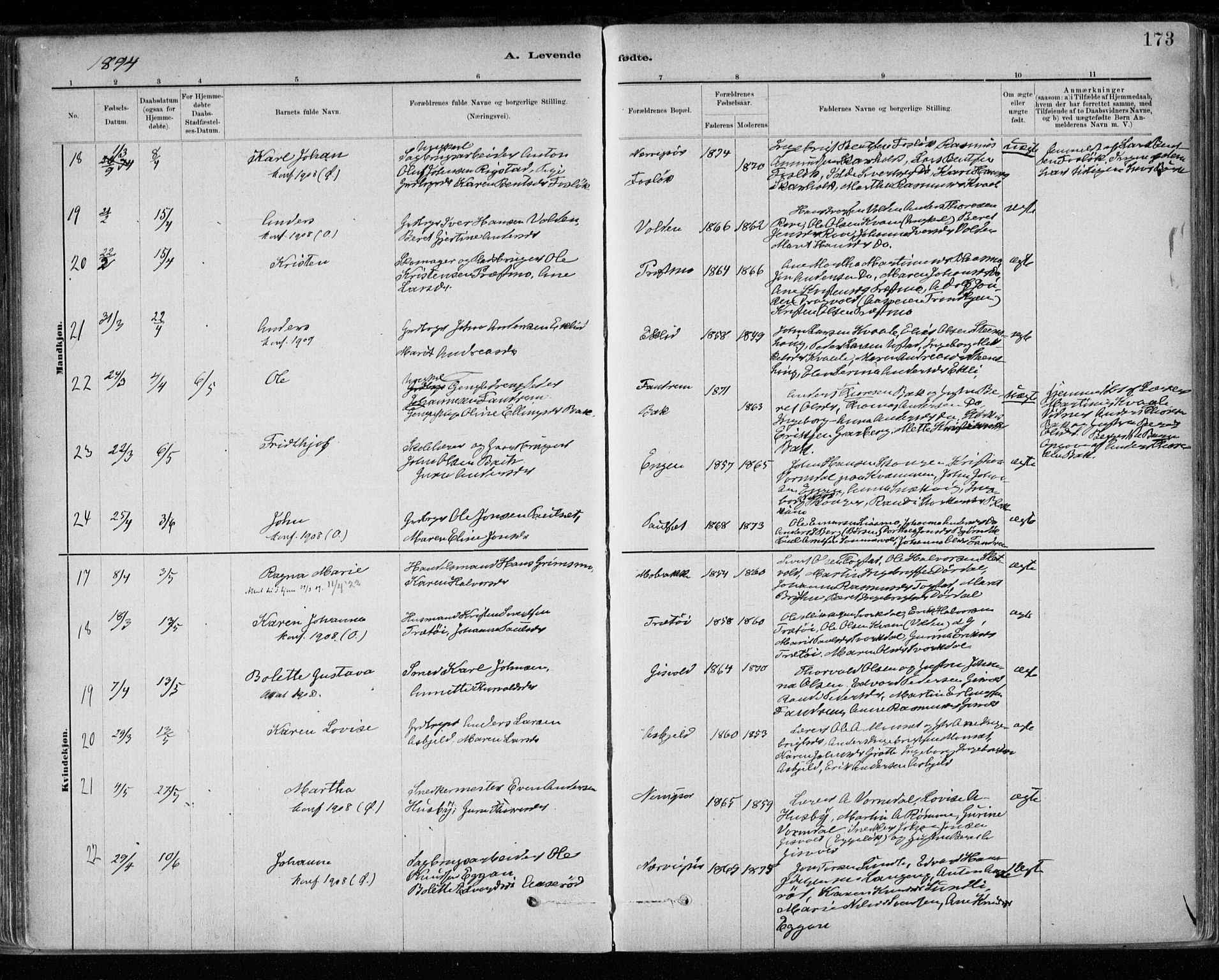 Ministerialprotokoller, klokkerbøker og fødselsregistre - Sør-Trøndelag, AV/SAT-A-1456/668/L0809: Parish register (official) no. 668A09, 1881-1895, p. 173