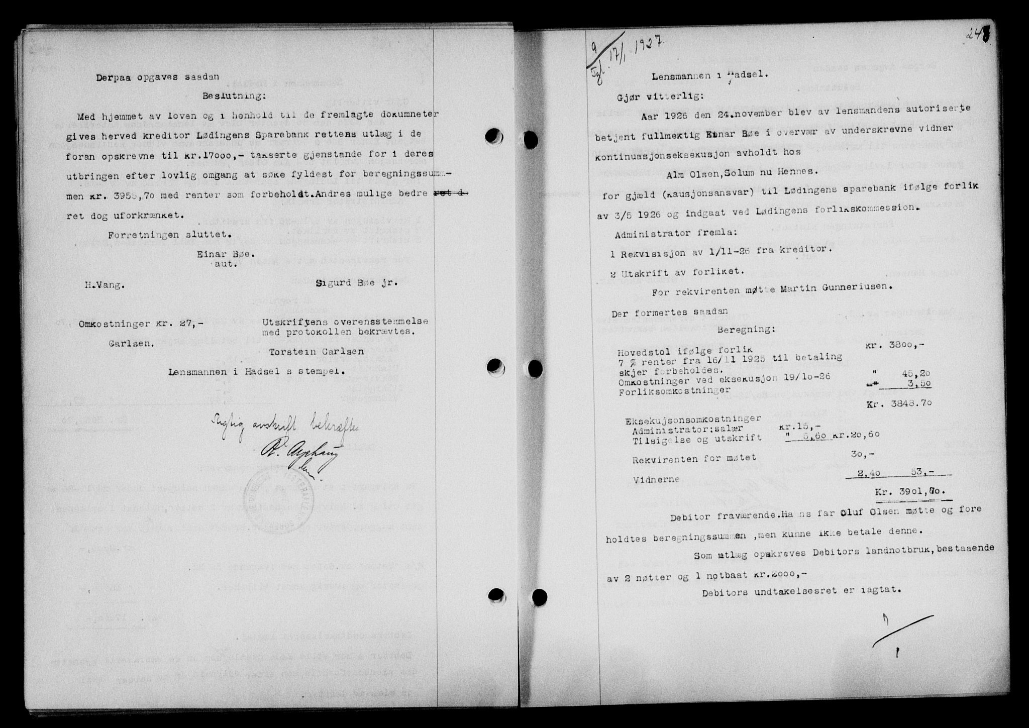 Vesterålen sorenskriveri, SAT/A-4180/1/2/2Ca/L0043: Mortgage book no. 36, 1926-1927, Deed date: 17.01.1927