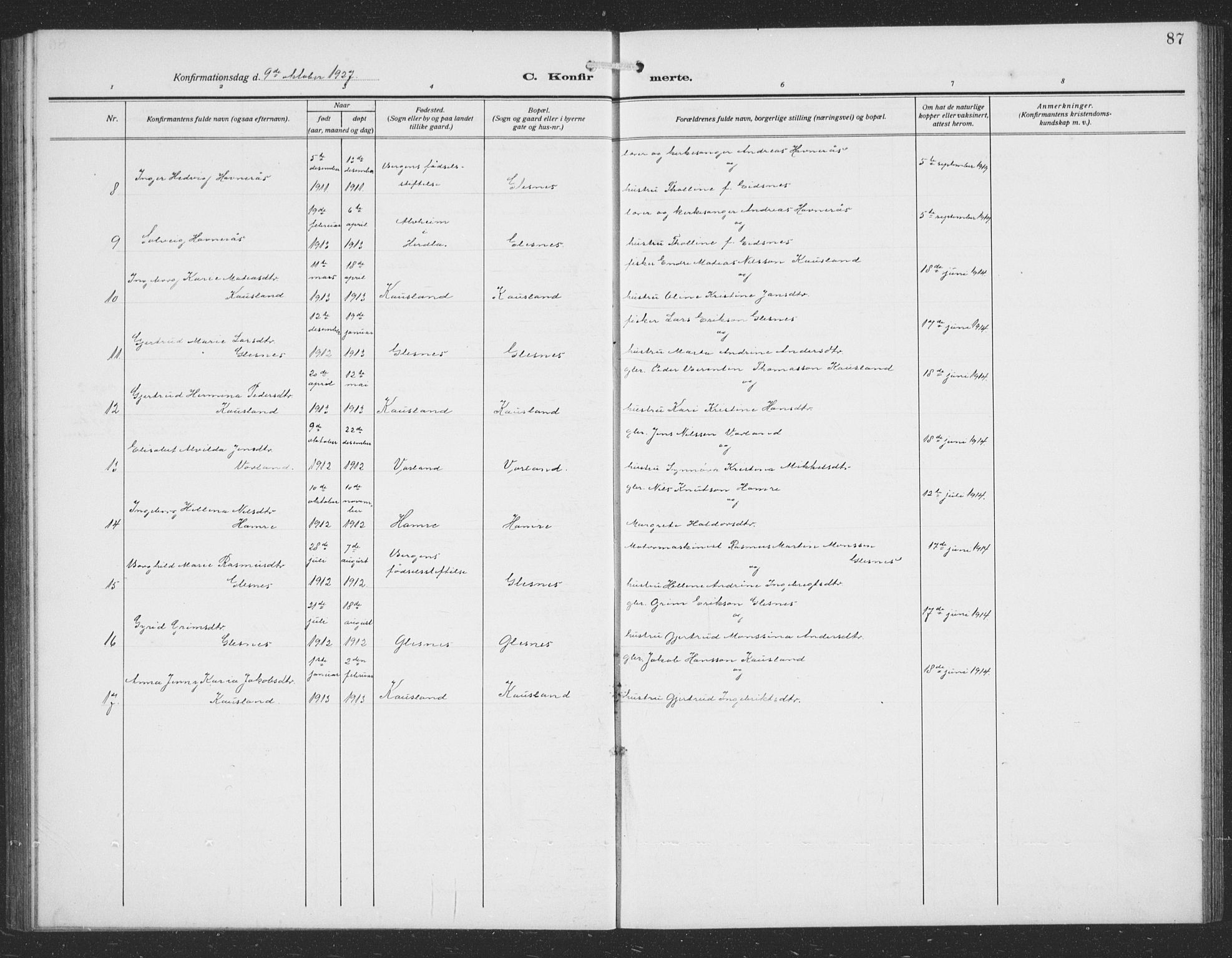 Sund sokneprestembete, AV/SAB-A-99930: Parish register (copy) no. C 1, 1913-1928, p. 87