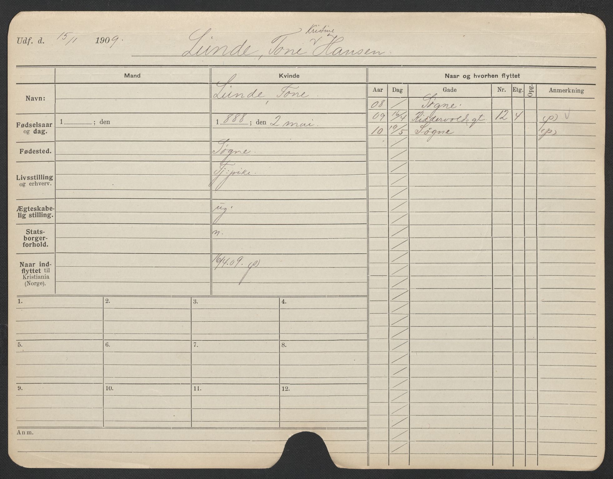 Oslo folkeregister, Registerkort, AV/SAO-A-11715/F/Fa/Fac/L0020: Kvinner, 1906-1914, p. 325a