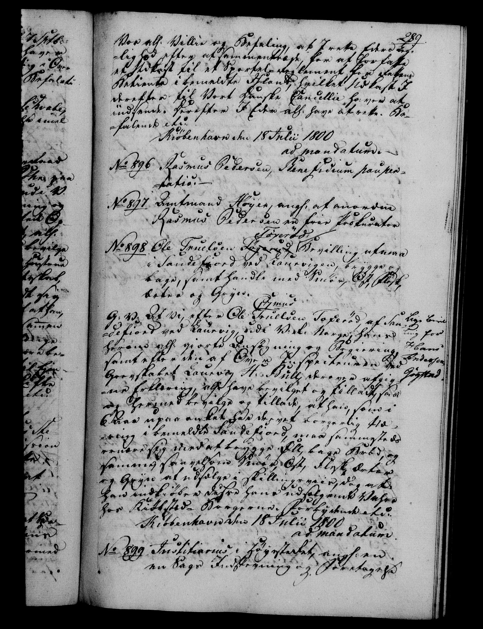 Danske Kanselli 1800-1814, RA/EA-3024/H/Hf/Hfb/Hfba/L0001: Registranter, 1800-1801, p. 289a