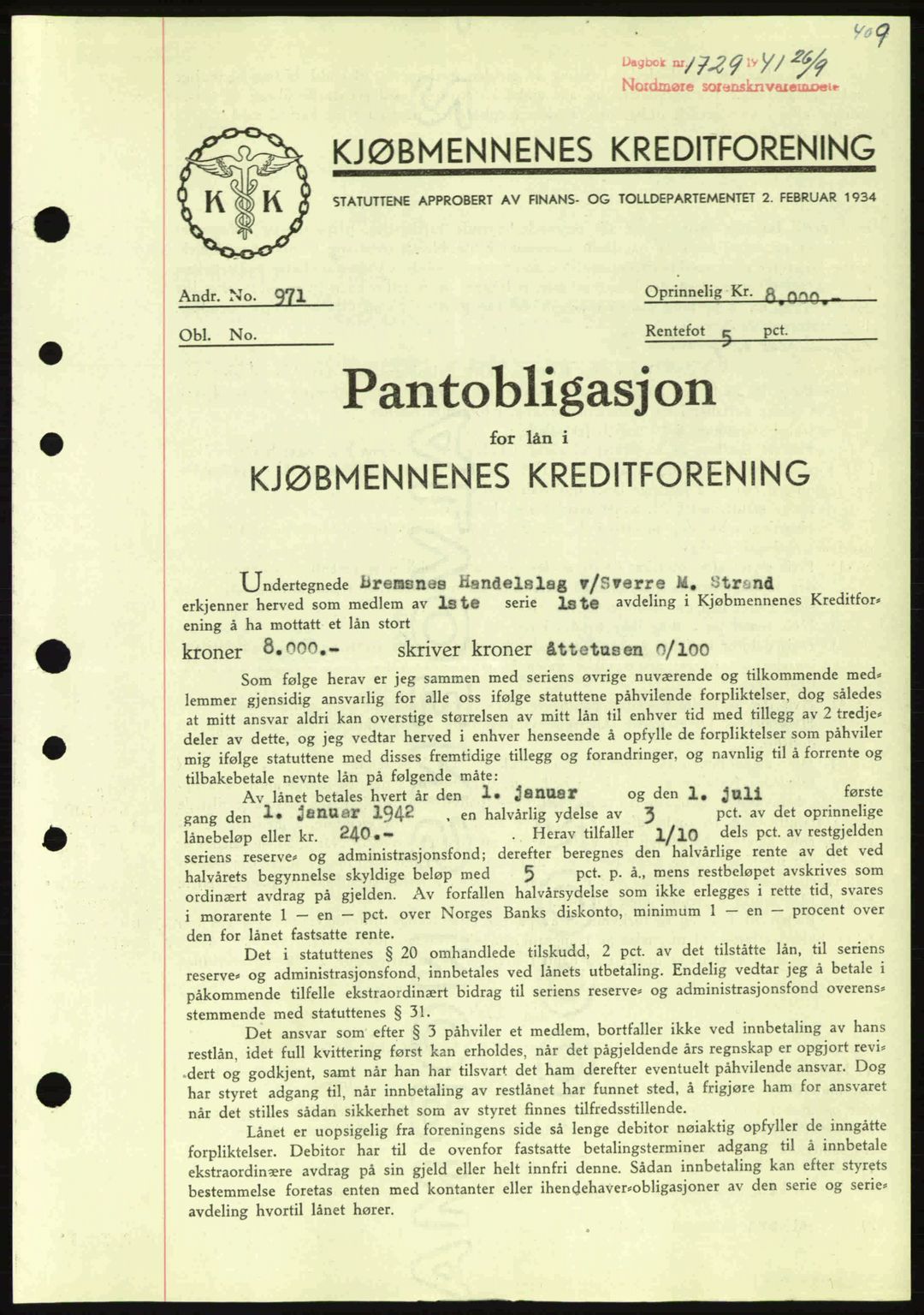 Nordmøre sorenskriveri, AV/SAT-A-4132/1/2/2Ca: Mortgage book no. B88, 1941-1942, Diary no: : 1729/1941