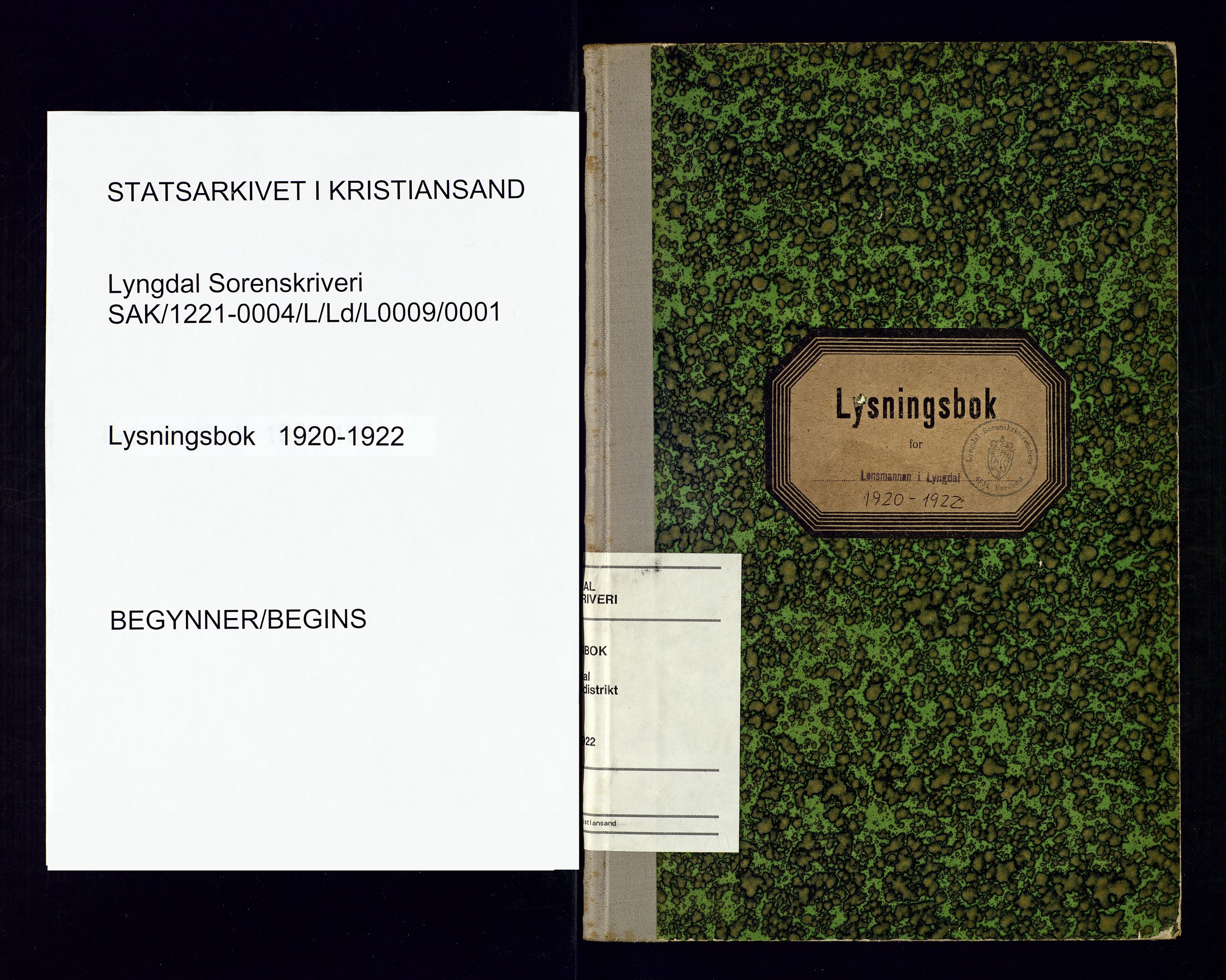 Lyngdal sorenskriveri, AV/SAK-1221-0004/L/Ld/L0009/0001: Lysing og vigsel / Lysingsbok, 1920-1922