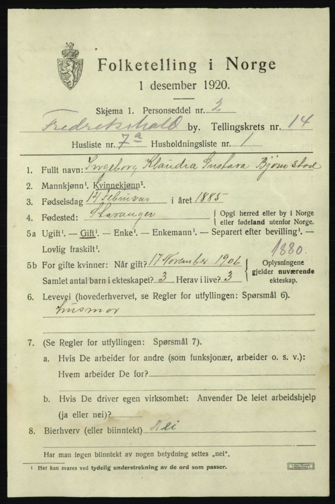 SAO, 1920 census for Fredrikshald, 1920, p. 22389