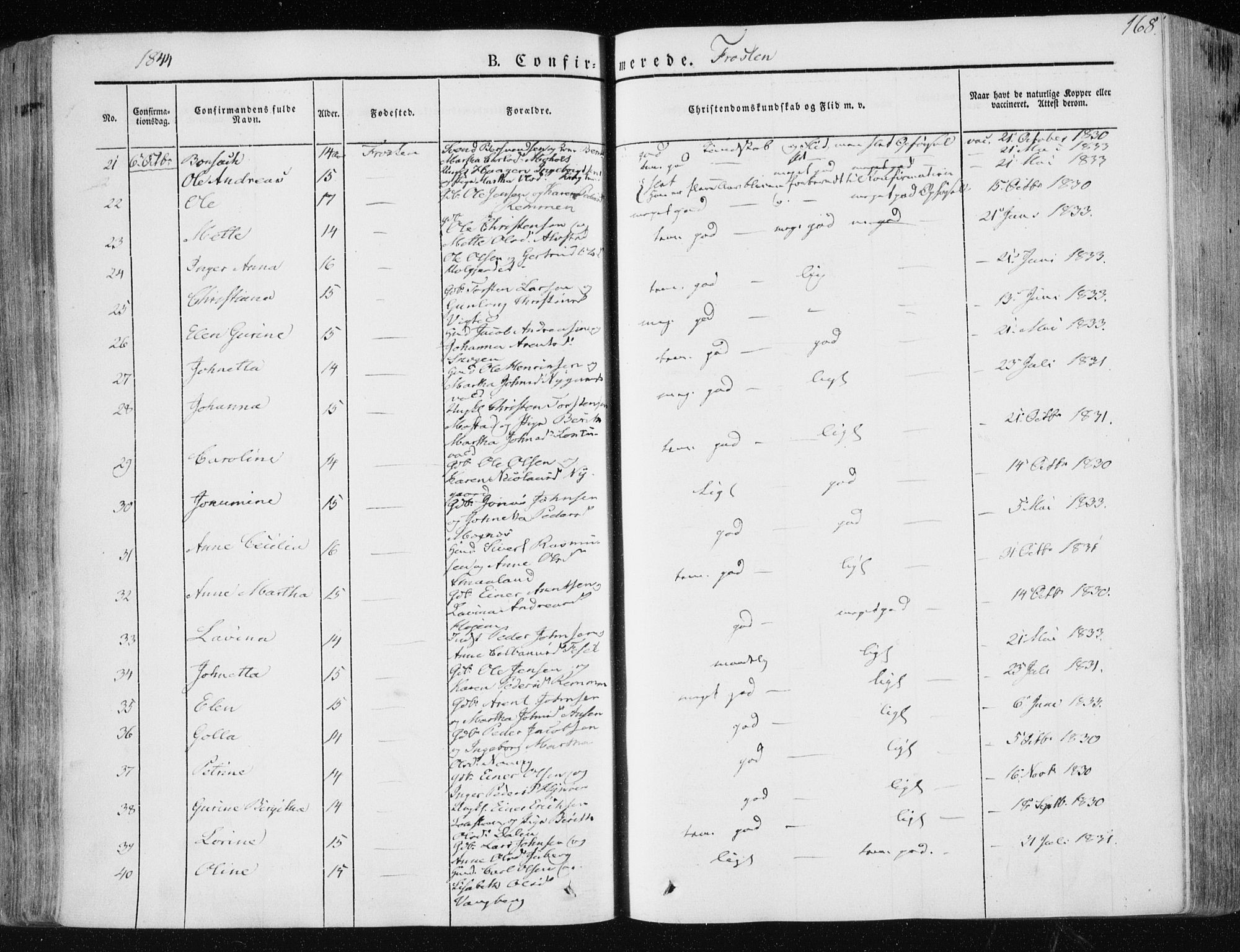 Ministerialprotokoller, klokkerbøker og fødselsregistre - Nord-Trøndelag, SAT/A-1458/713/L0115: Parish register (official) no. 713A06, 1838-1851, p. 168