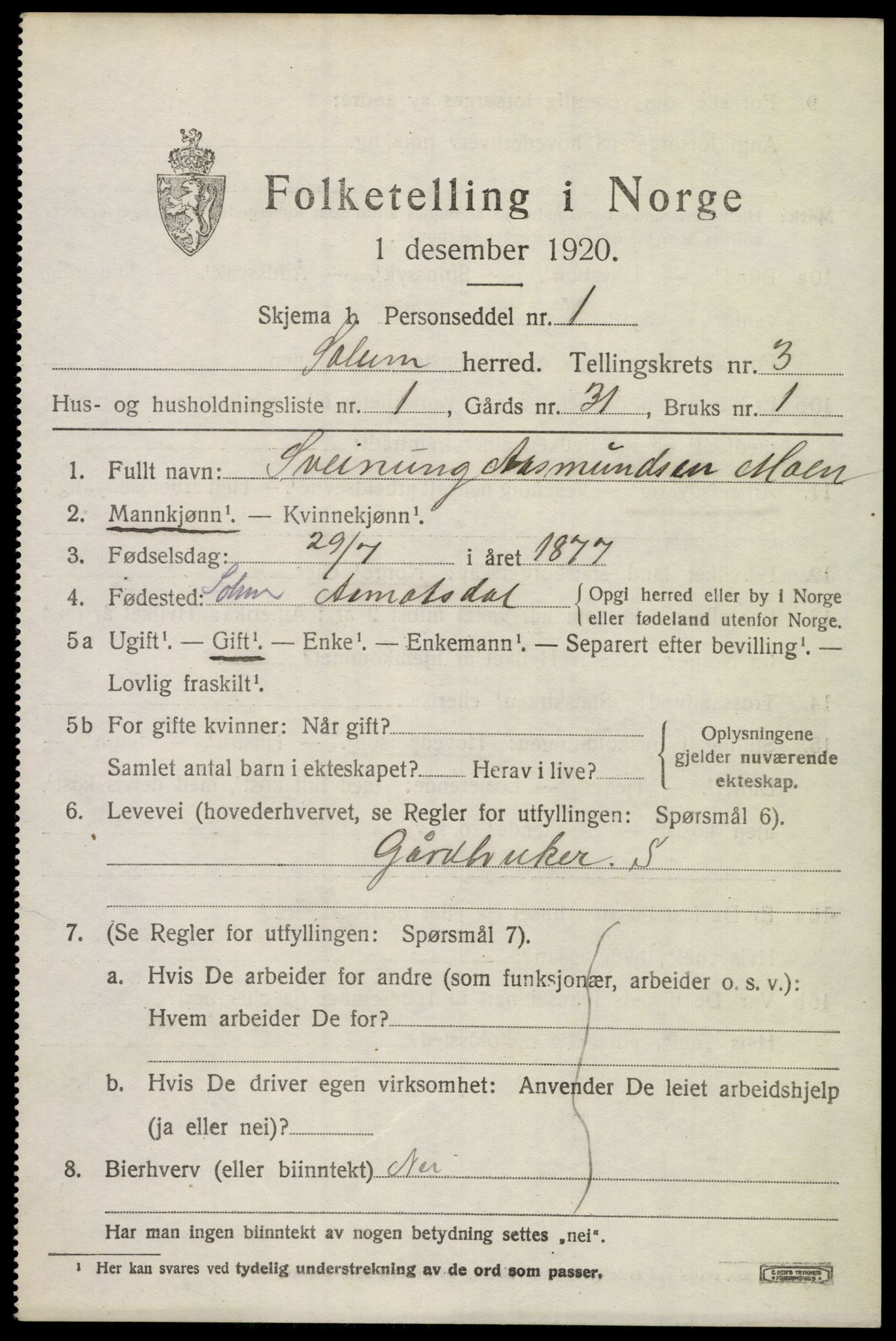 SAKO, 1920 census for Solum, 1920, p. 7678