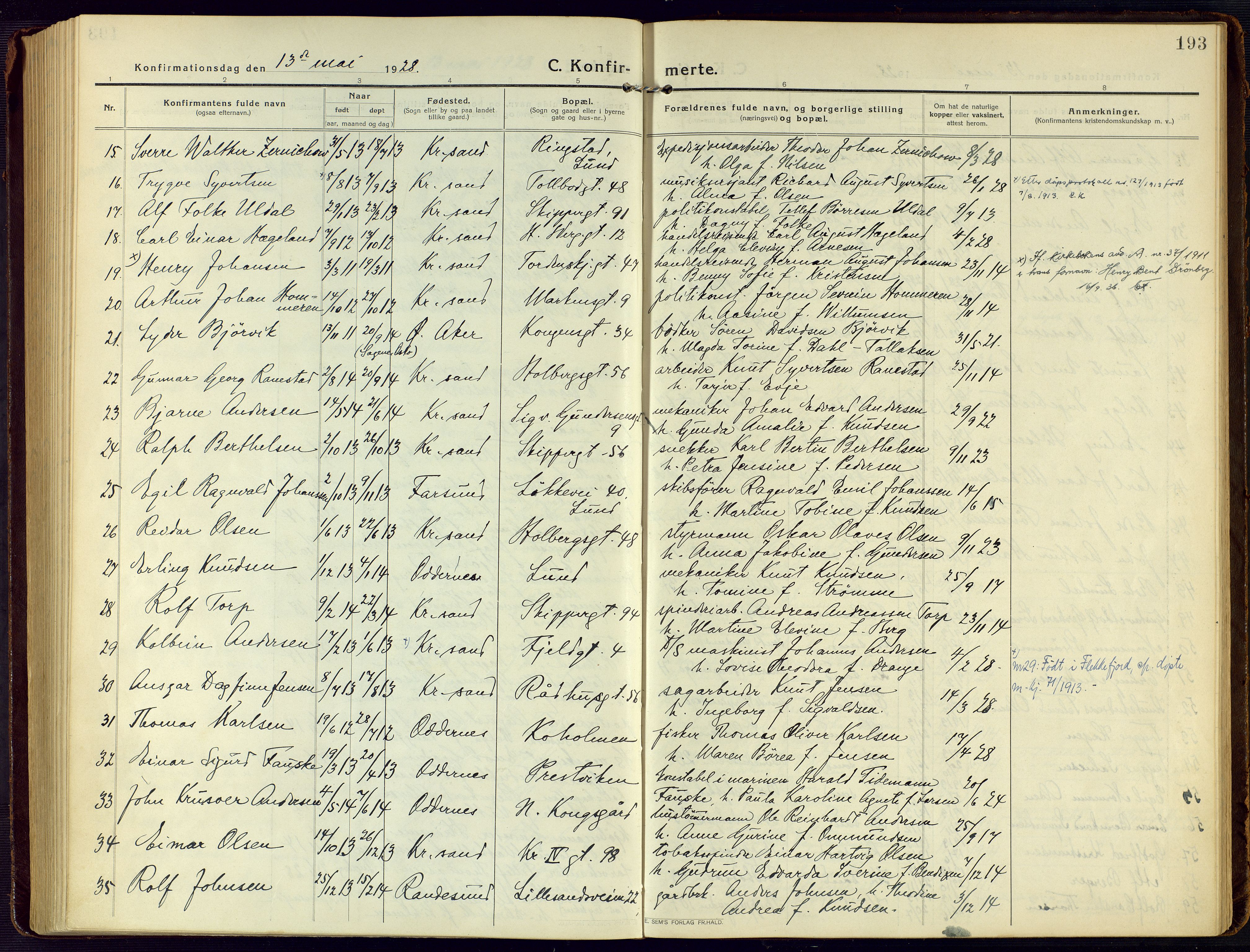 Kristiansand domprosti, AV/SAK-1112-0006/F/Fa/L0026: Parish register (official) no. A 25, 1916-1928, p. 193