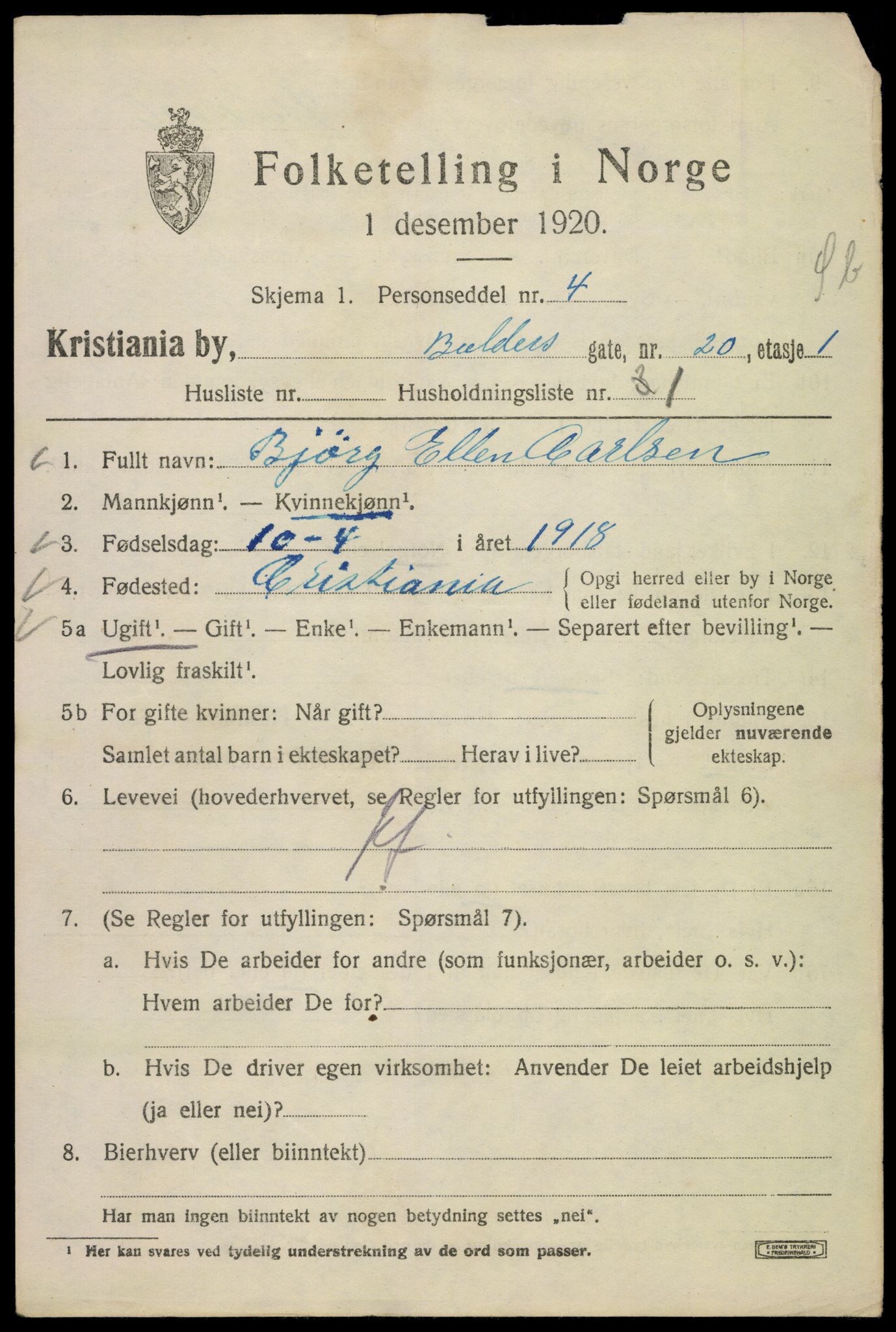 SAO, 1920 census for Kristiania, 1920, p. 150145