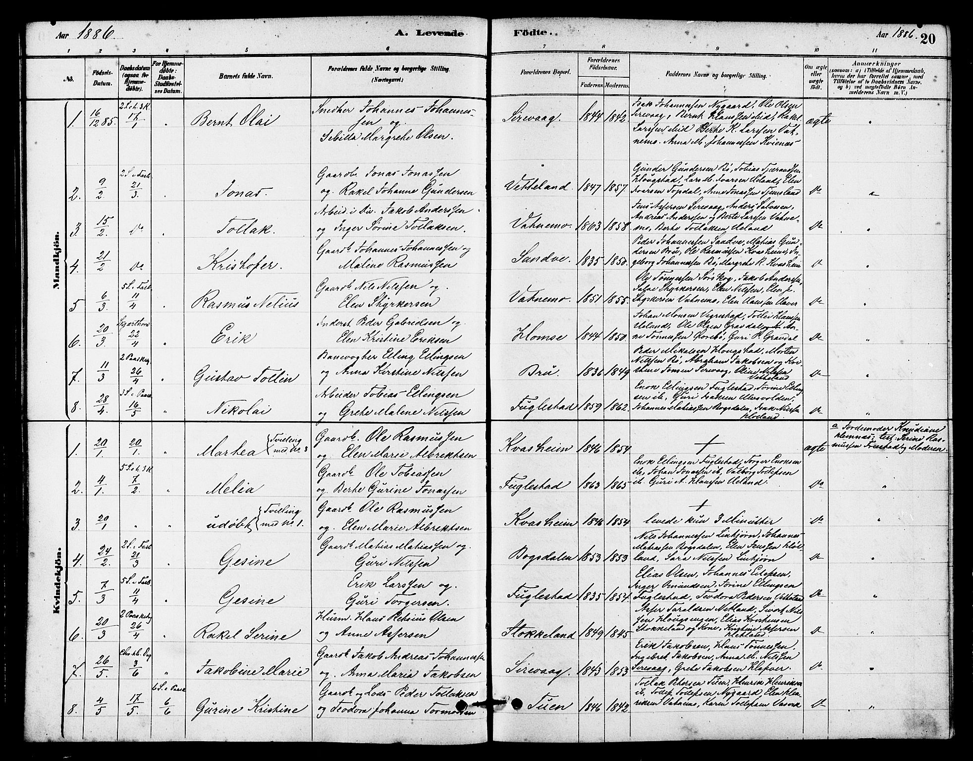 Eigersund sokneprestkontor, AV/SAST-A-101807/S08/L0016: Parish register (official) no. A 16, 1879-1893, p. 20