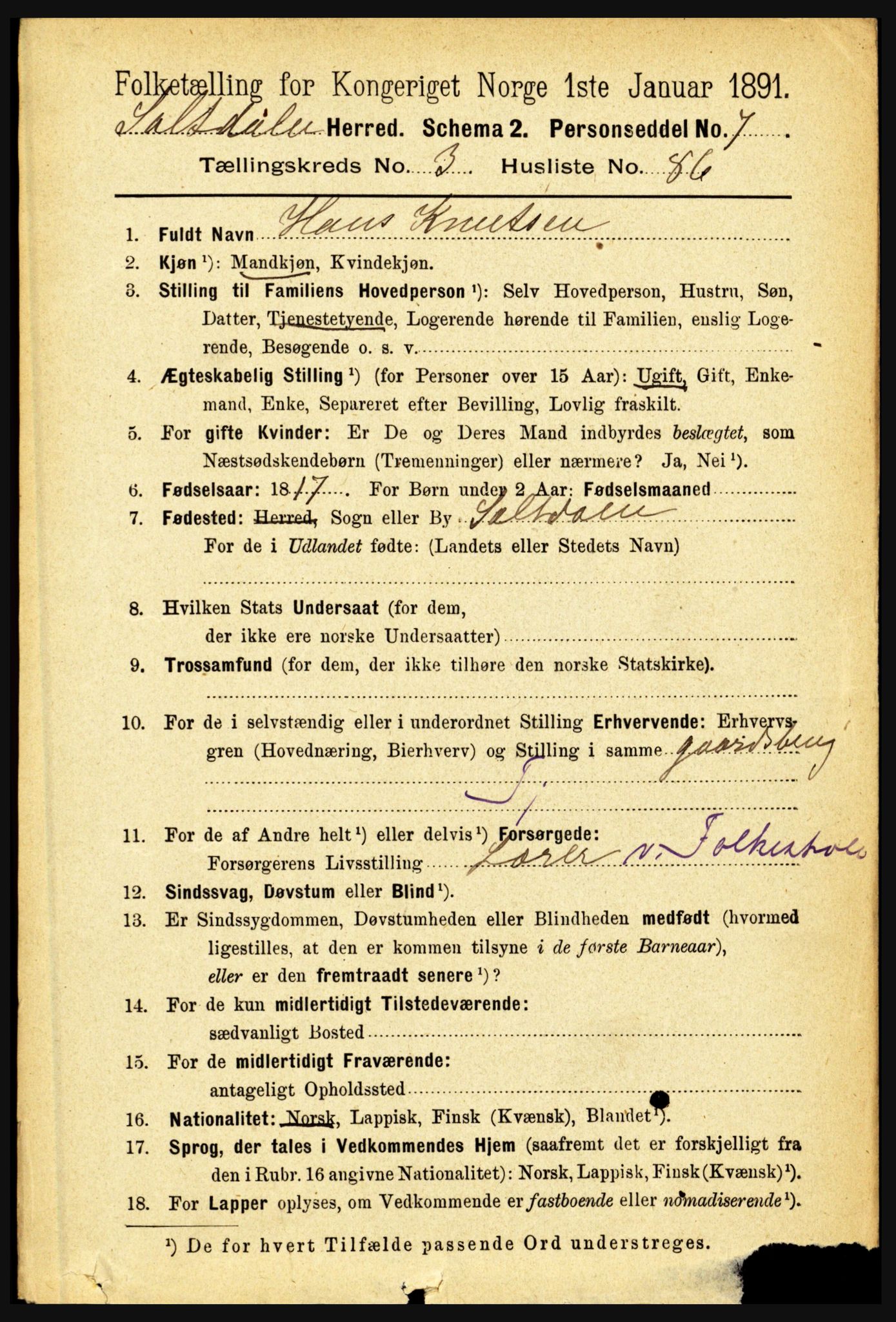 RA, 1891 census for 1840 Saltdal, 1891, p. 2261