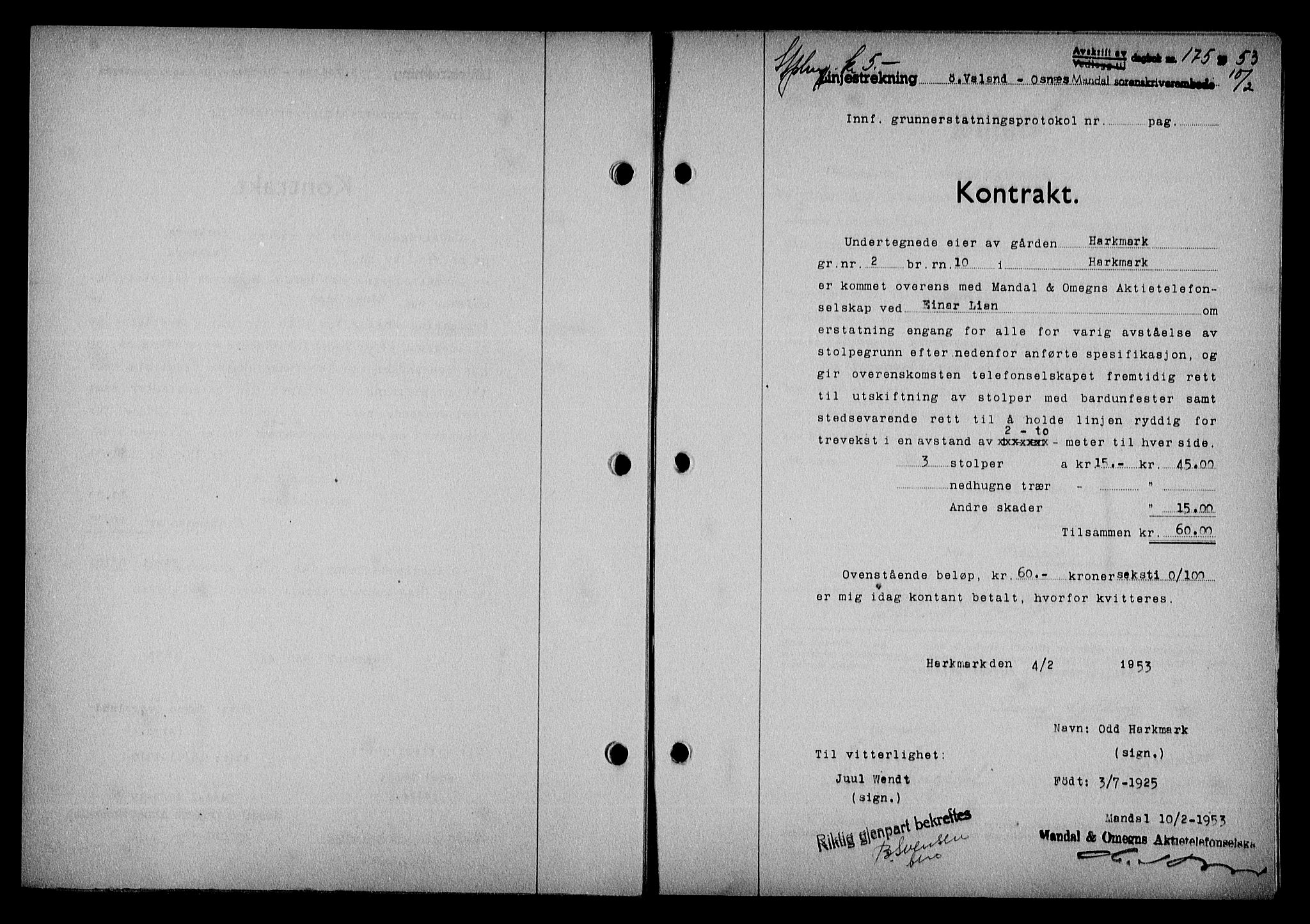 Mandal sorenskriveri, AV/SAK-1221-0005/001/G/Gb/Gba/L0086: Mortgage book no. A-23, 1952-1953, Diary no: : 175/1953