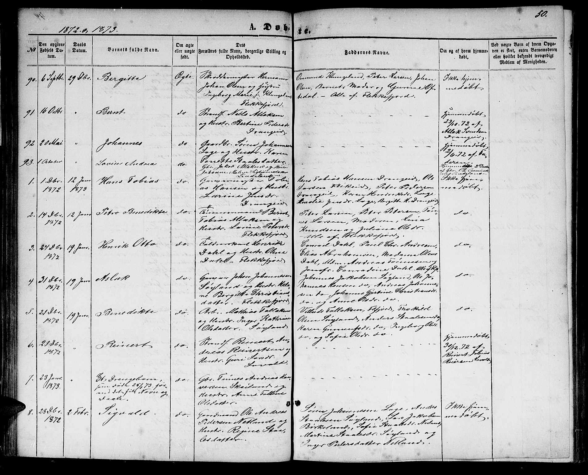 Flekkefjord sokneprestkontor, SAK/1111-0012/F/Fb/Fbc/L0006: Parish register (copy) no. B 6, 1866-1879, p. 50