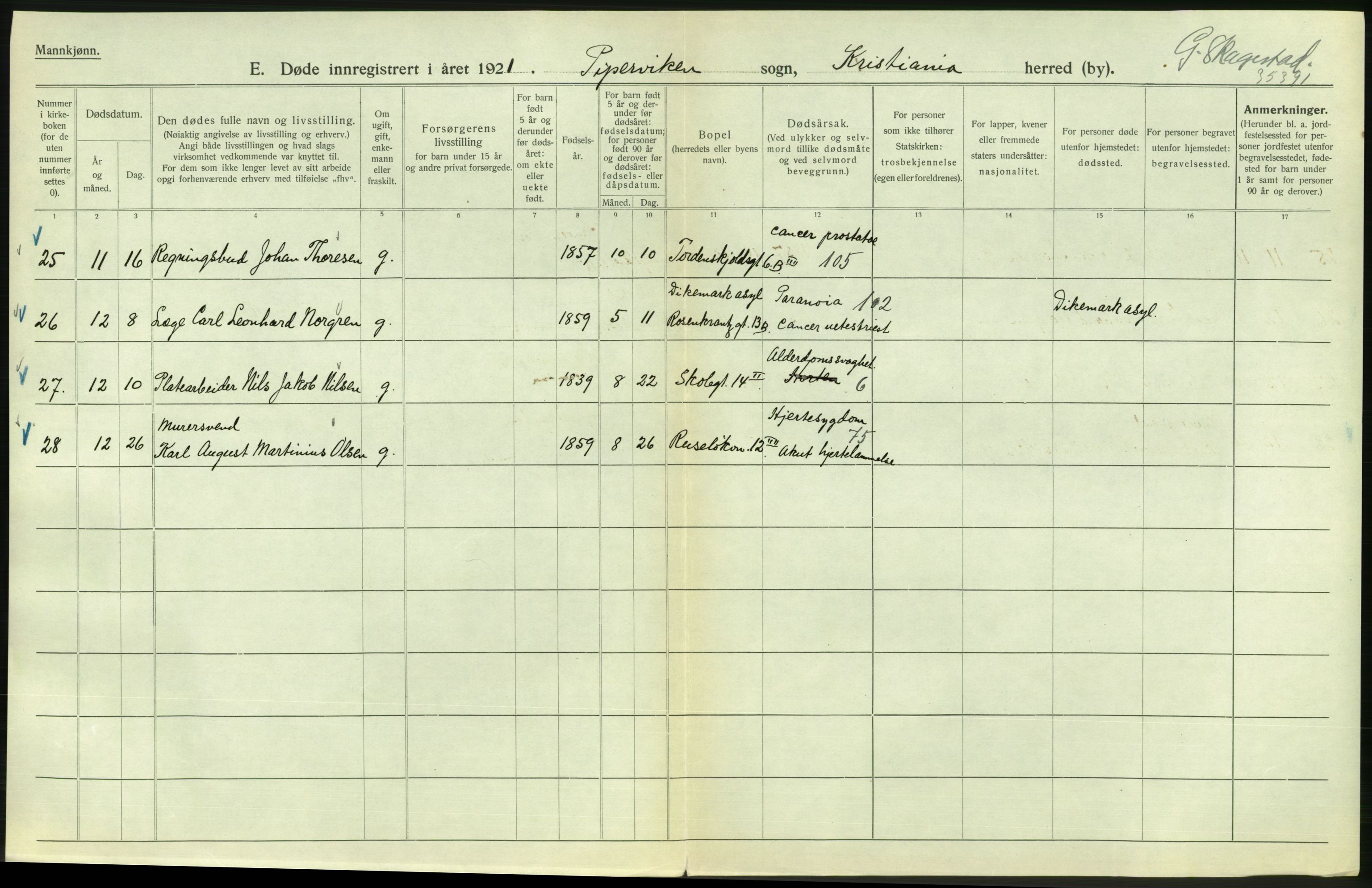 Statistisk sentralbyrå, Sosiodemografiske emner, Befolkning, AV/RA-S-2228/D/Df/Dfc/Dfca/L0013: Kristiania: Døde, dødfødte, 1921, p. 172