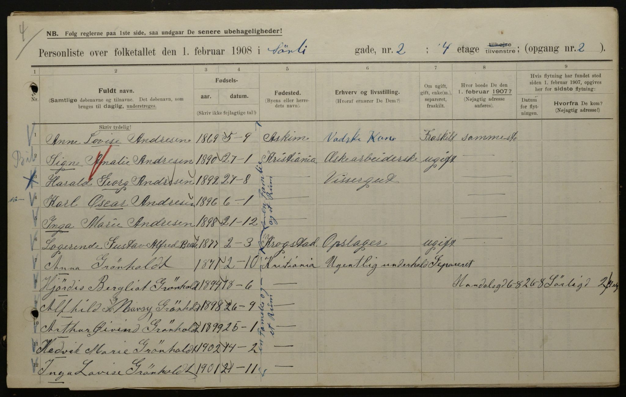 OBA, Municipal Census 1908 for Kristiania, 1908, p. 95644