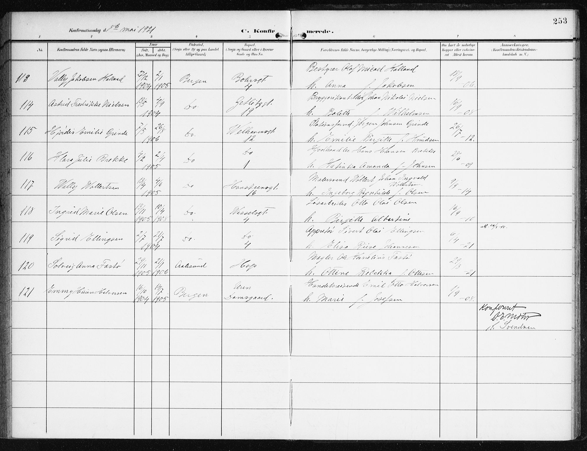 Johanneskirken sokneprestembete, AV/SAB-A-76001/H/Haa/L0009: Parish register (official) no. C 2, 1907-1924, p. 253