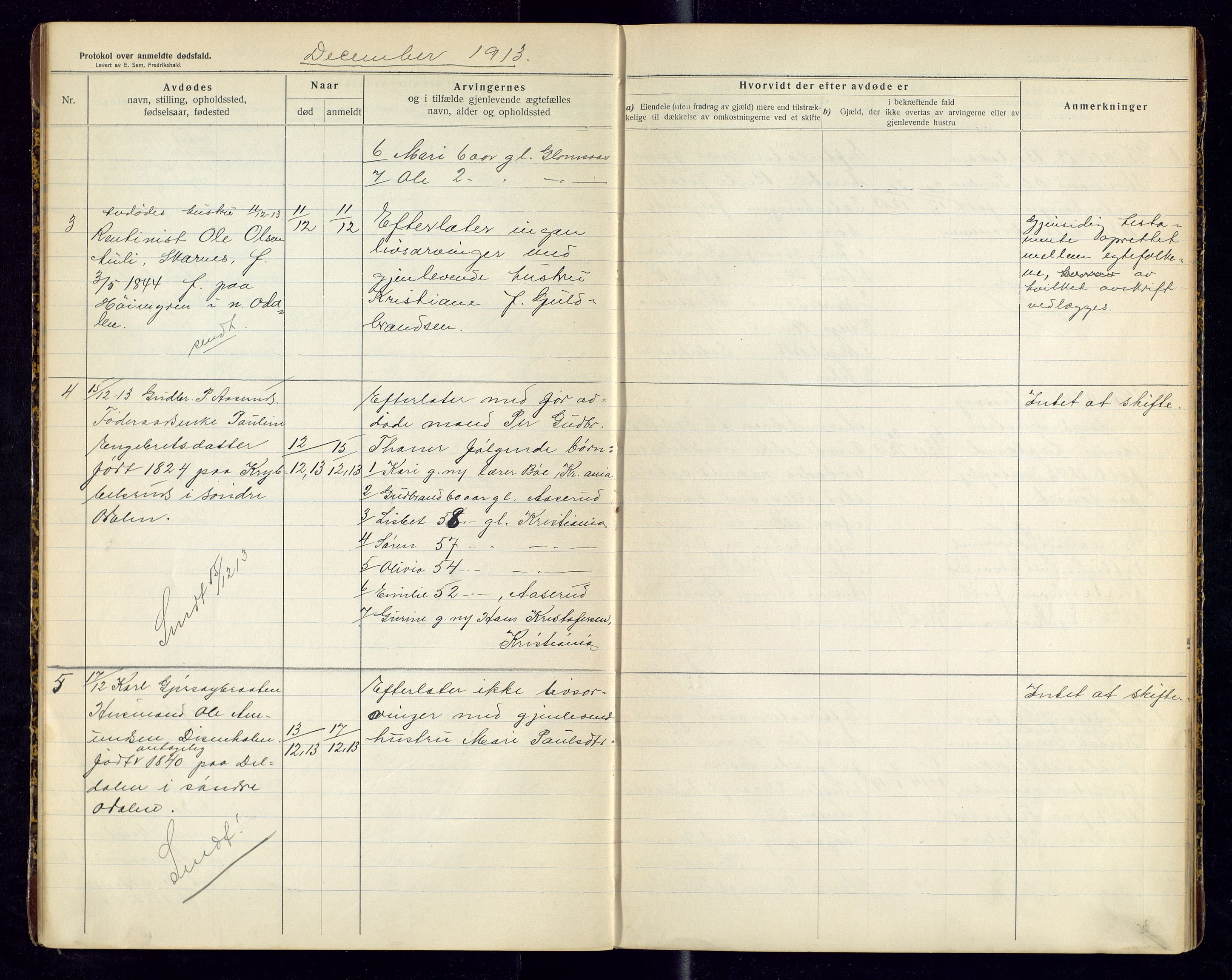 Sør-Odal lensmannskontor, SAH/LHS-022/H/Hb/L0002/0001: Protokoller over anmeldte dødsfall / Protokoll over anmeldte dødsfall, 1913-1915