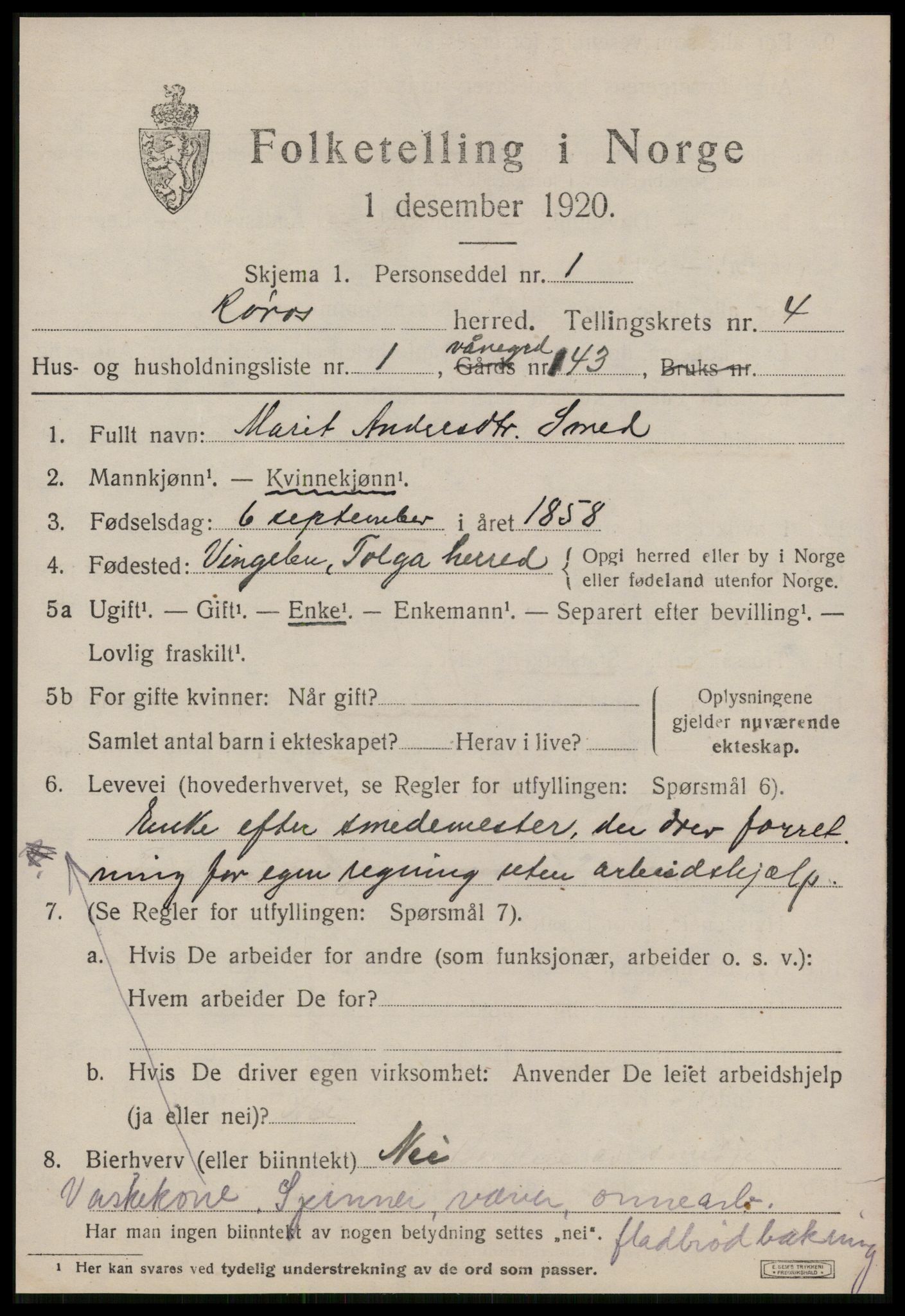 SAT, 1920 census for Røros, 1920, p. 4514