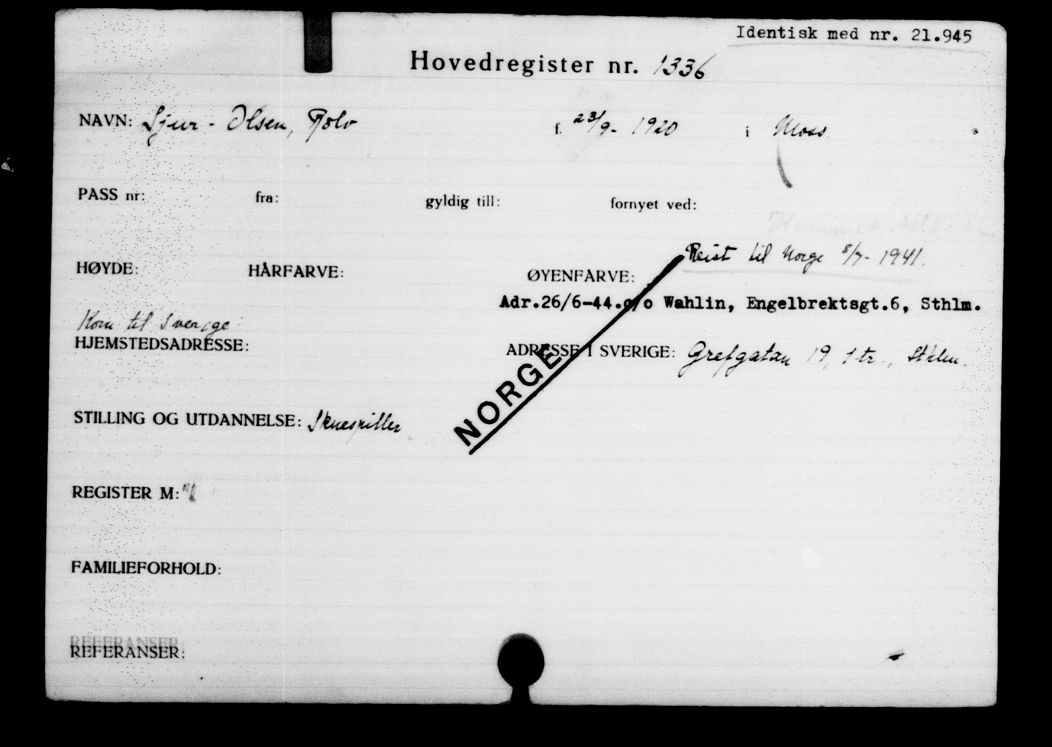 Den Kgl. Norske Legasjons Flyktningskontor, RA/S-6753/V/Va/L0002: Kjesäterkartoteket.  Flyktningenr. 1001-2000, 1940-1945, p. 492