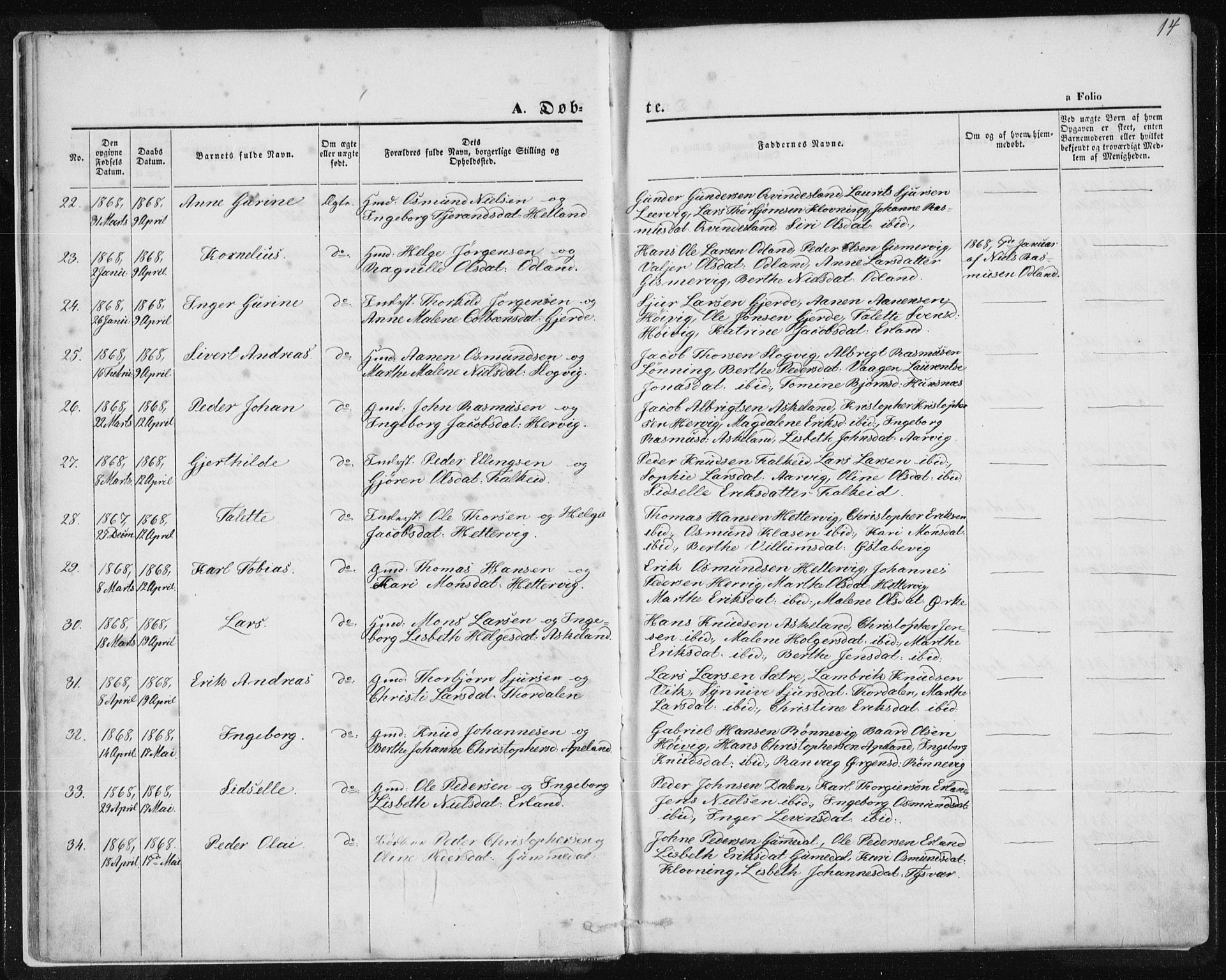 Tysvær sokneprestkontor, AV/SAST-A -101864/H/Ha/Haa/L0005: Parish register (official) no. A 5, 1865-1878, p. 14