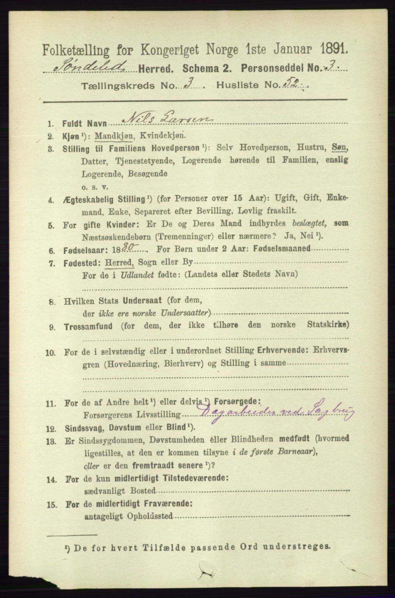 RA, 1891 census for 0913 Søndeled, 1891, p. 866