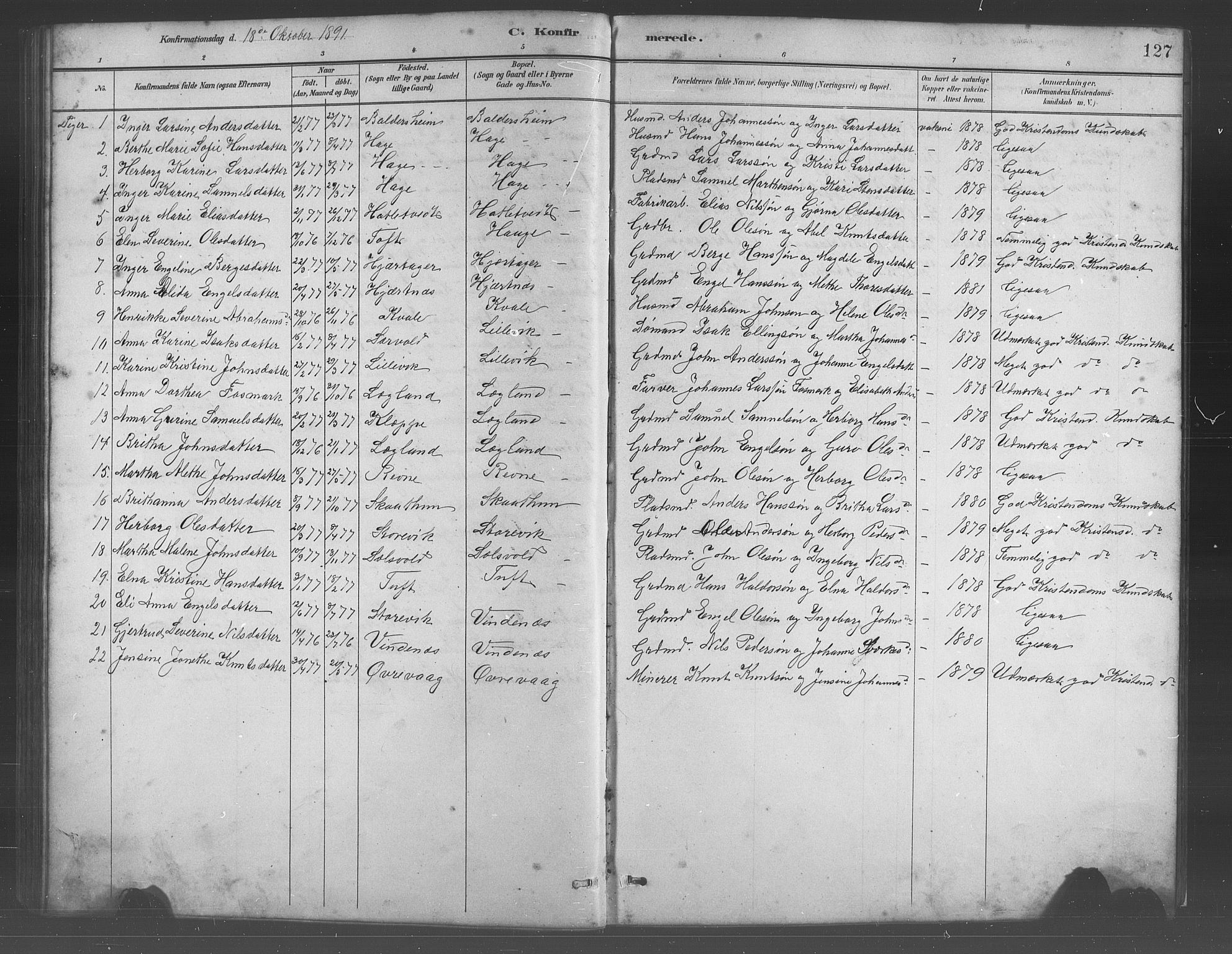 Fusa sokneprestembete, AV/SAB-A-75401/H/Hab: Parish register (copy) no. C 2, 1886-1926, p. 127