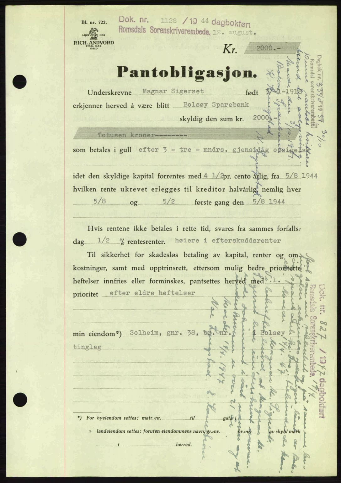 Romsdal sorenskriveri, AV/SAT-A-4149/1/2/2C: Mortgage book no. B2, 1939-1945, Diary no: : 1128/1944