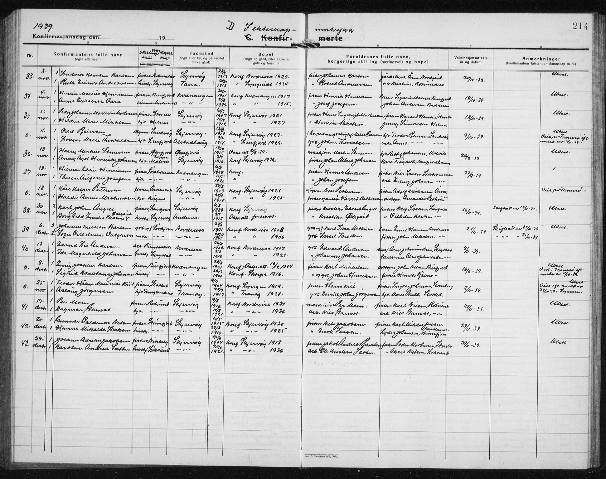 Skjervøy sokneprestkontor, AV/SATØ-S-1300/H/Ha/Hab/L0010klokker: Parish register (copy) no. 10, 1927-1941, p. 214