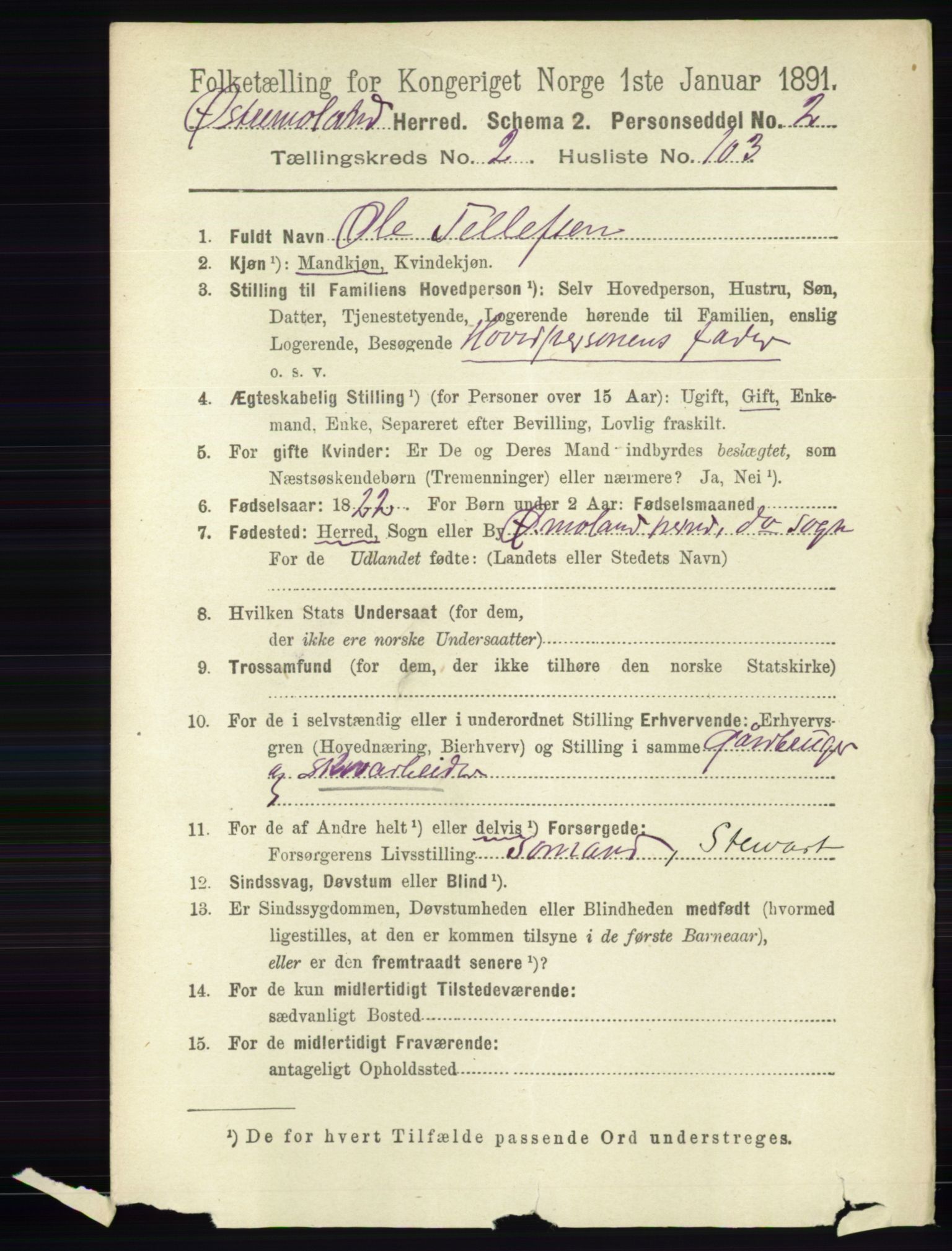 RA, 1891 census for 0918 Austre Moland, 1891, p. 1288