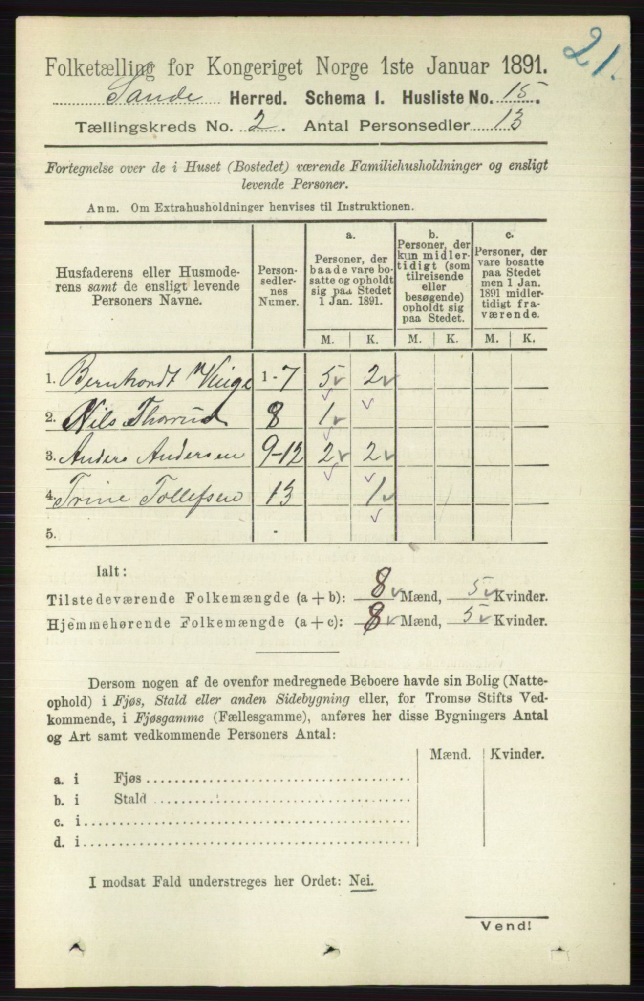 RA, 1891 census for 0713 Sande, 1891, p. 483