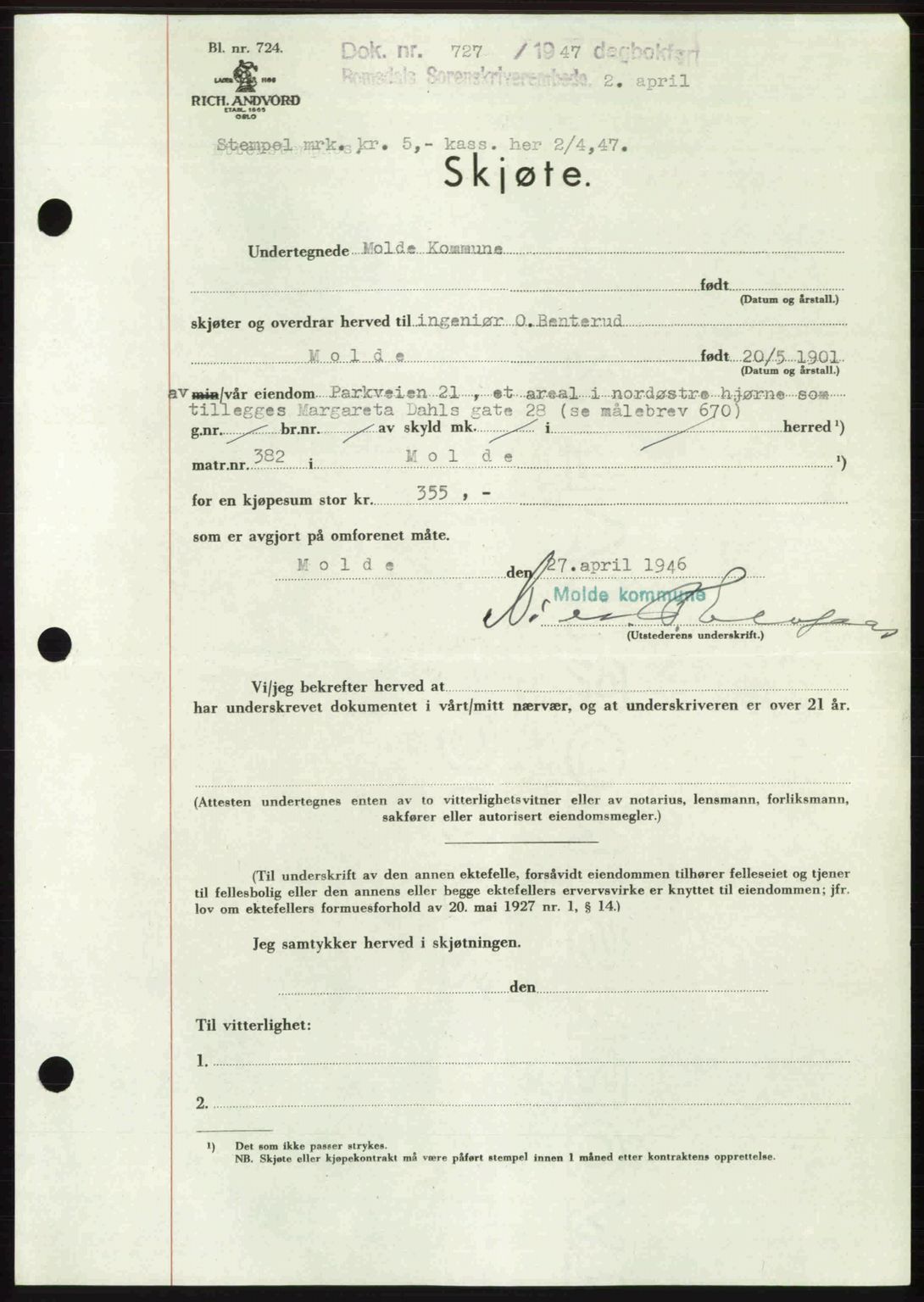 Romsdal sorenskriveri, AV/SAT-A-4149/1/2/2C: Mortgage book no. A22, 1947-1947, Diary no: : 727/1947