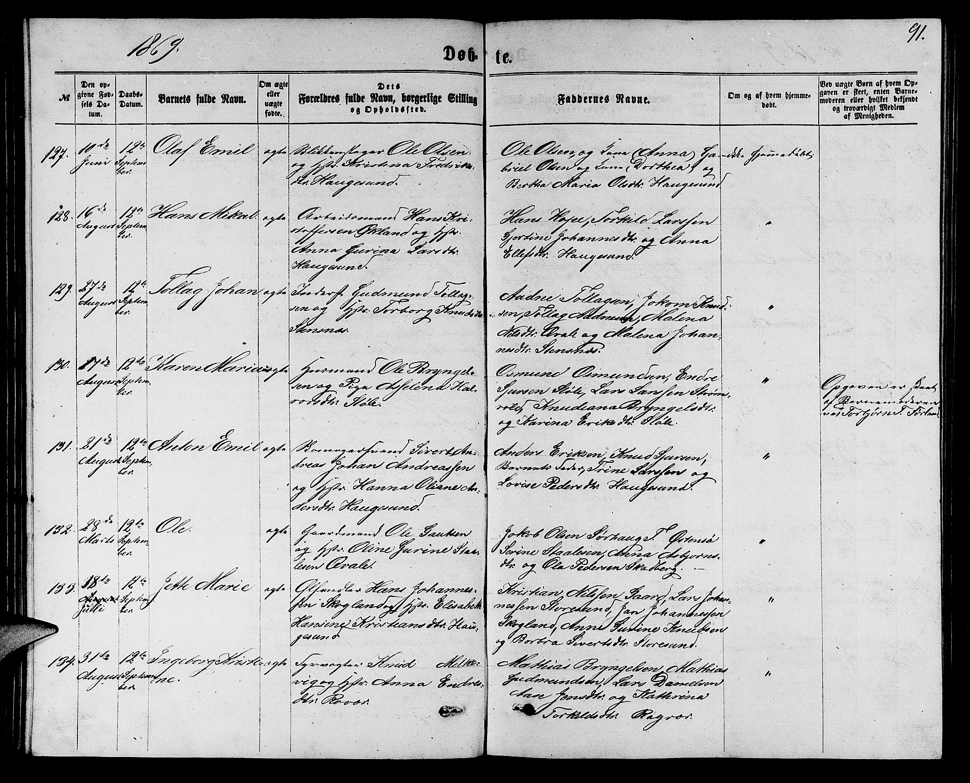 Torvastad sokneprestkontor, SAST/A -101857/H/Ha/Hab/L0007: Parish register (copy) no. B 7, 1866-1873, p. 91