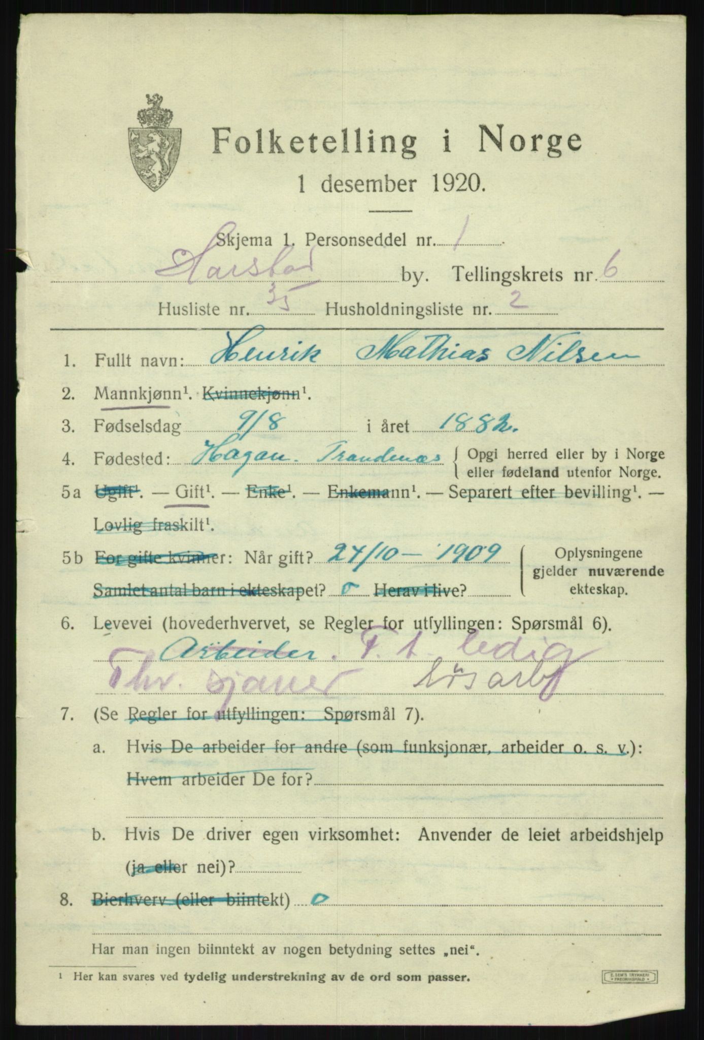 SATØ, 1920 census for Harstad, 1920, p. 8348