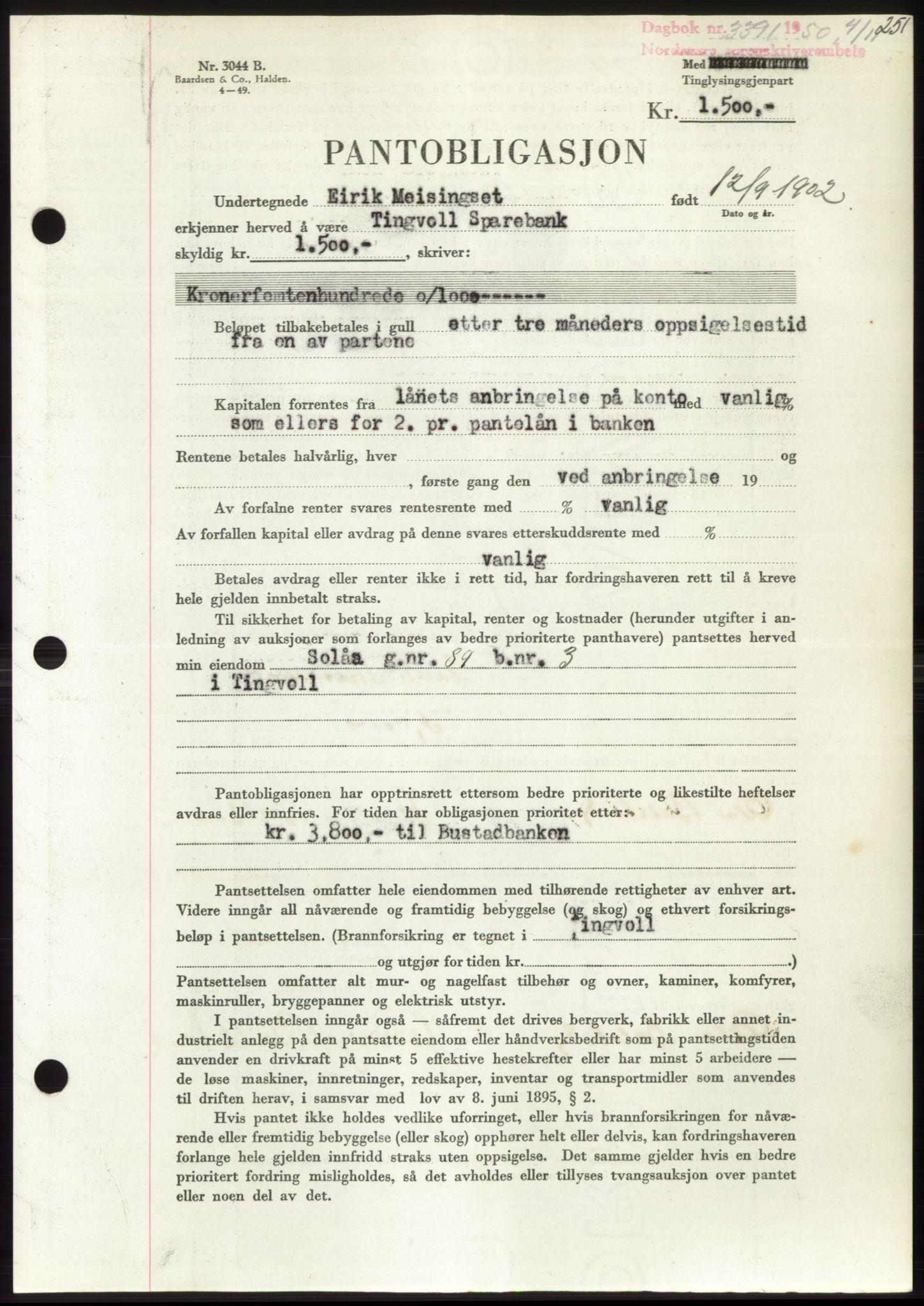 Nordmøre sorenskriveri, AV/SAT-A-4132/1/2/2Ca: Mortgage book no. B106, 1950-1950, Diary no: : 3391/1950