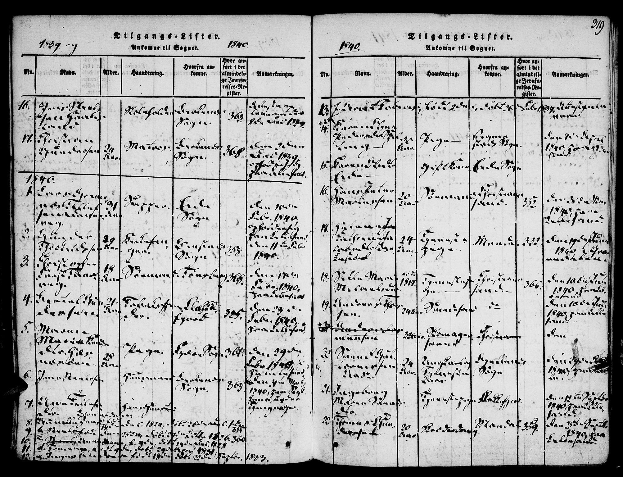 Vestre Moland sokneprestkontor, SAK/1111-0046/F/Fa/Fab/L0003: Parish register (official) no. A 3, 1816-1843, p. 319
