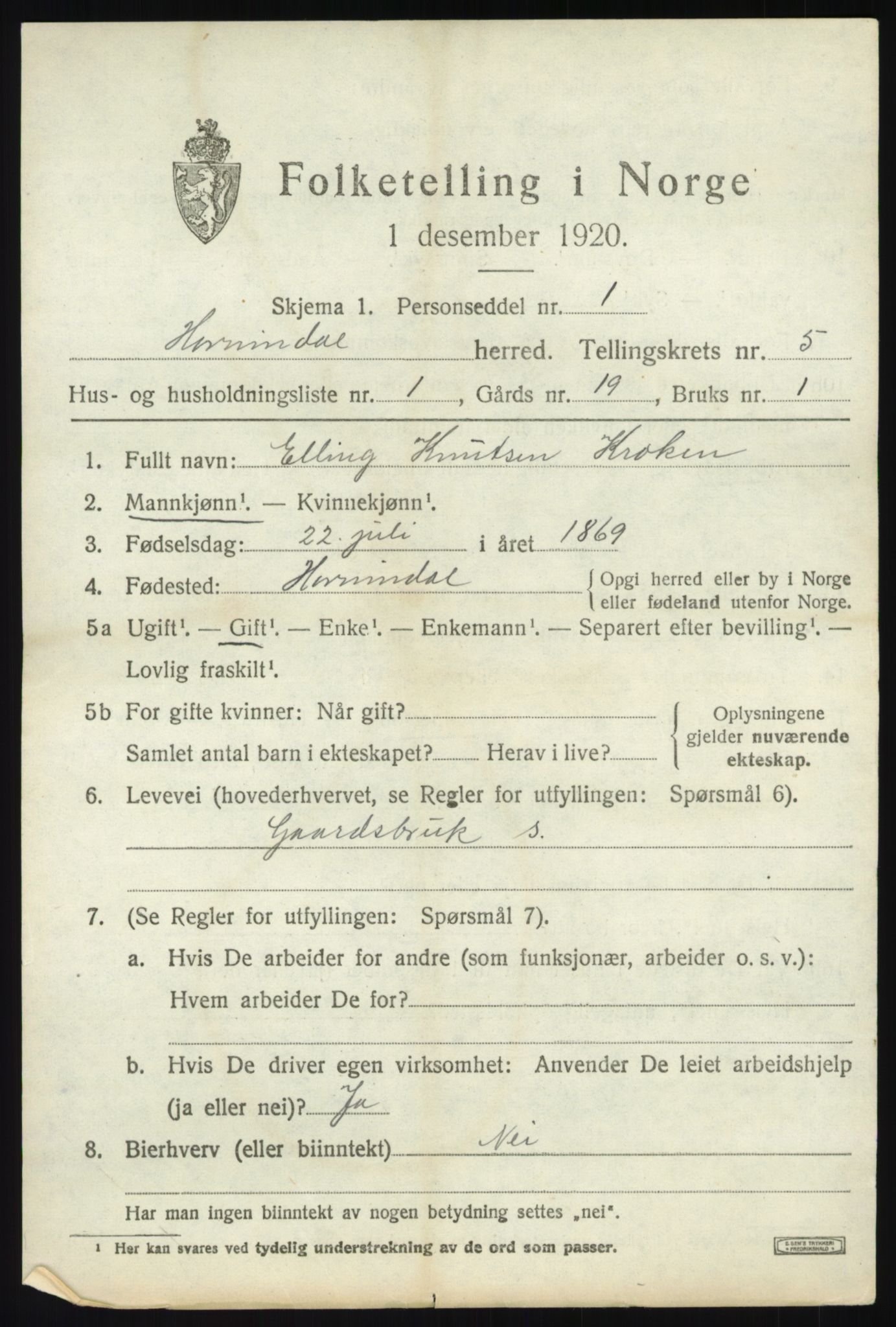 SAB, 1920 census for Hornindal, 1920, p. 2346