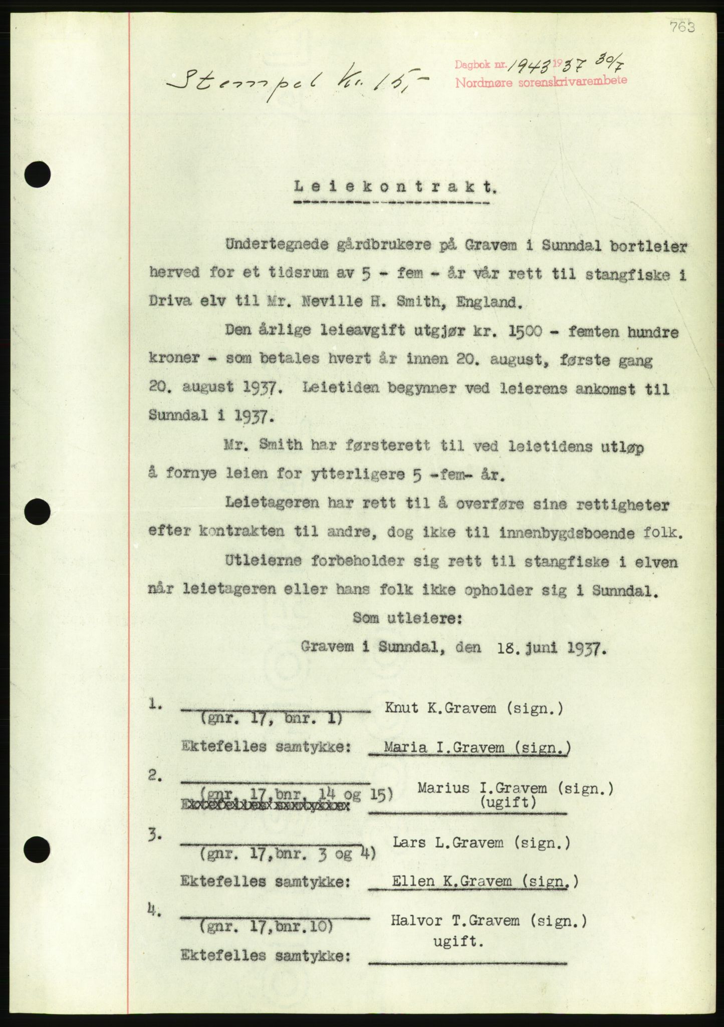 Nordmøre sorenskriveri, AV/SAT-A-4132/1/2/2Ca/L0091: Mortgage book no. B81, 1937-1937, Diary no: : 1943/1937