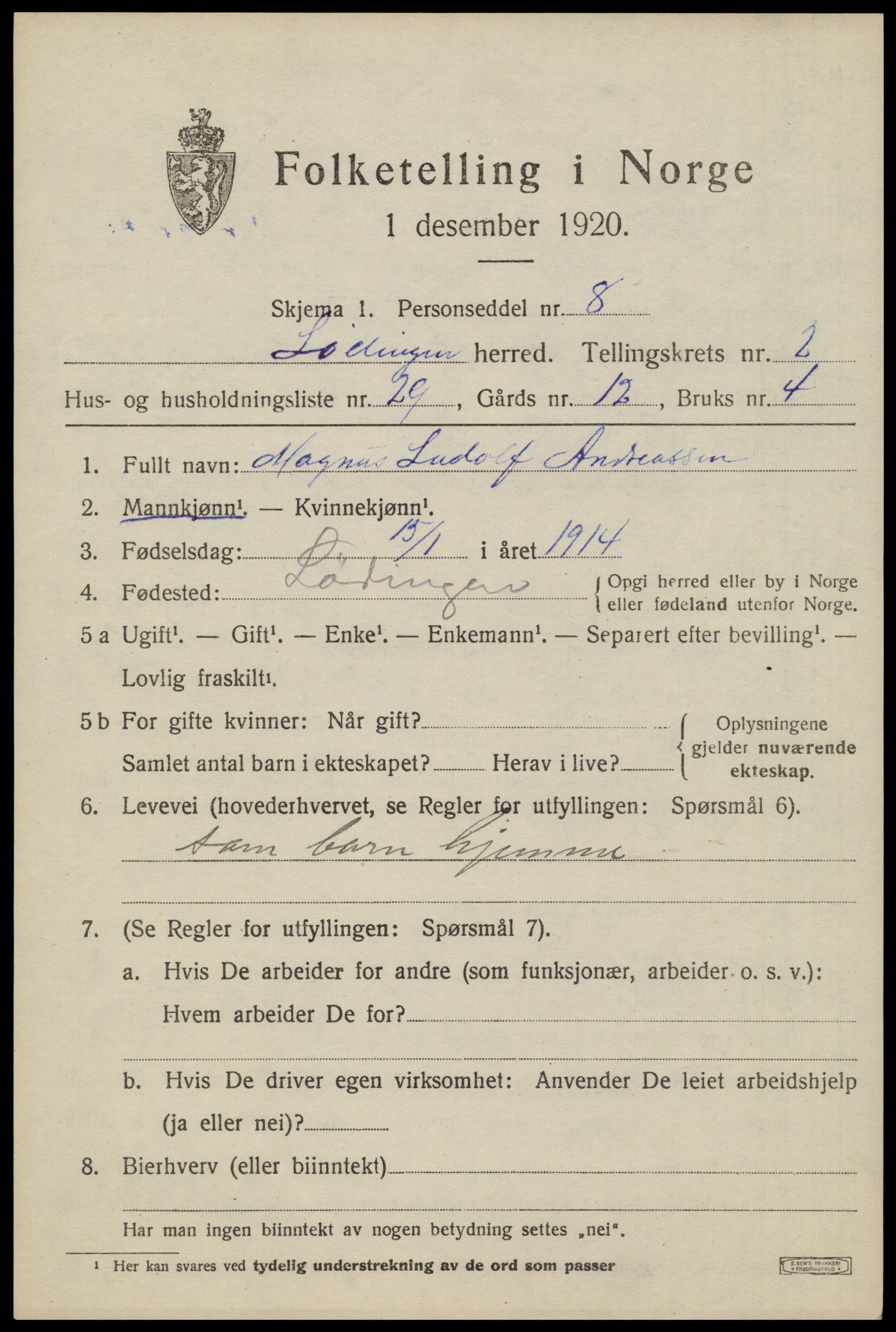 SAT, 1920 census for Lødingen, 1920, p. 2023