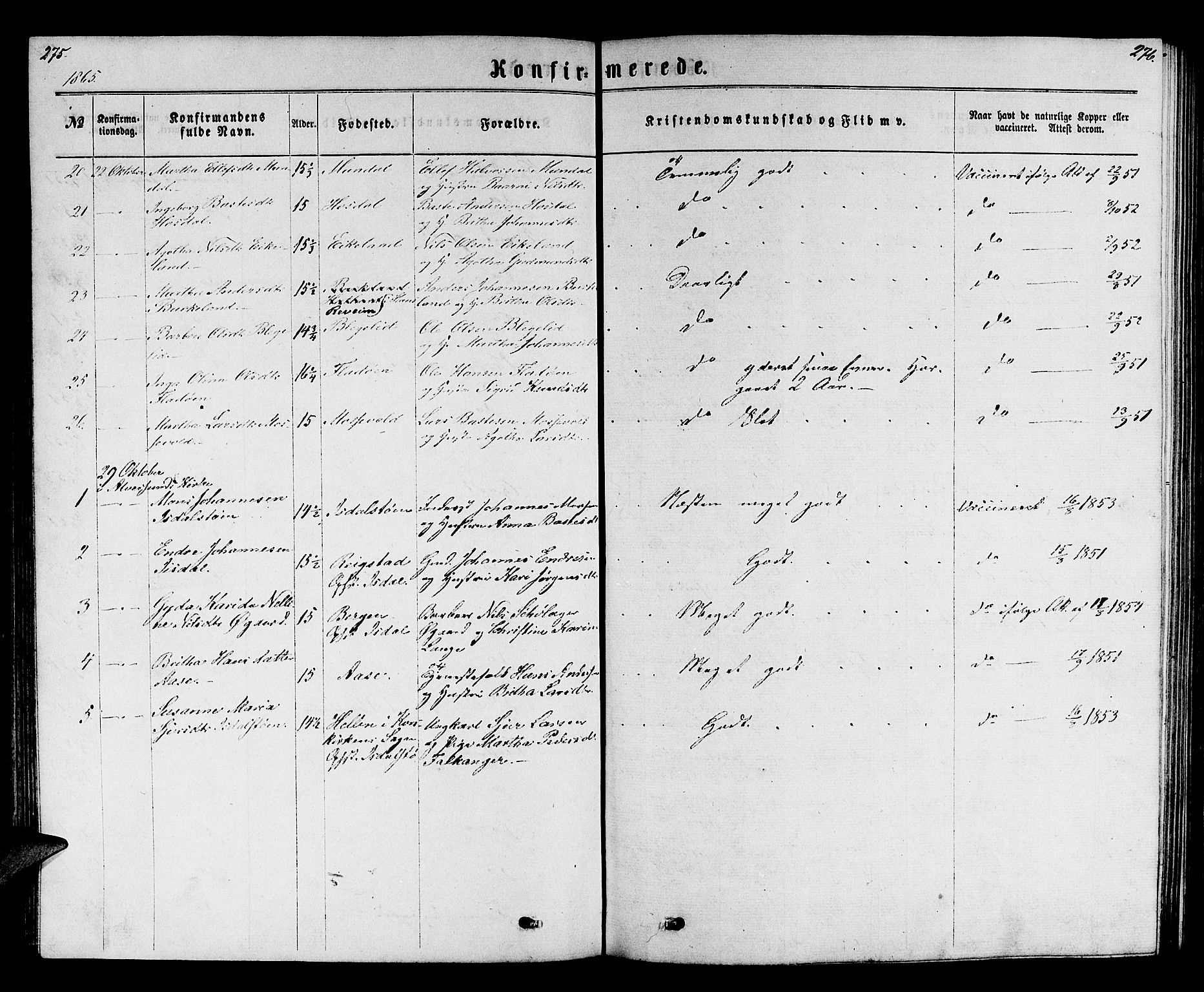 Hamre sokneprestembete, SAB/A-75501/H/Ha/Hab: Parish register (copy) no. B 2, 1863-1880, p. 275-276