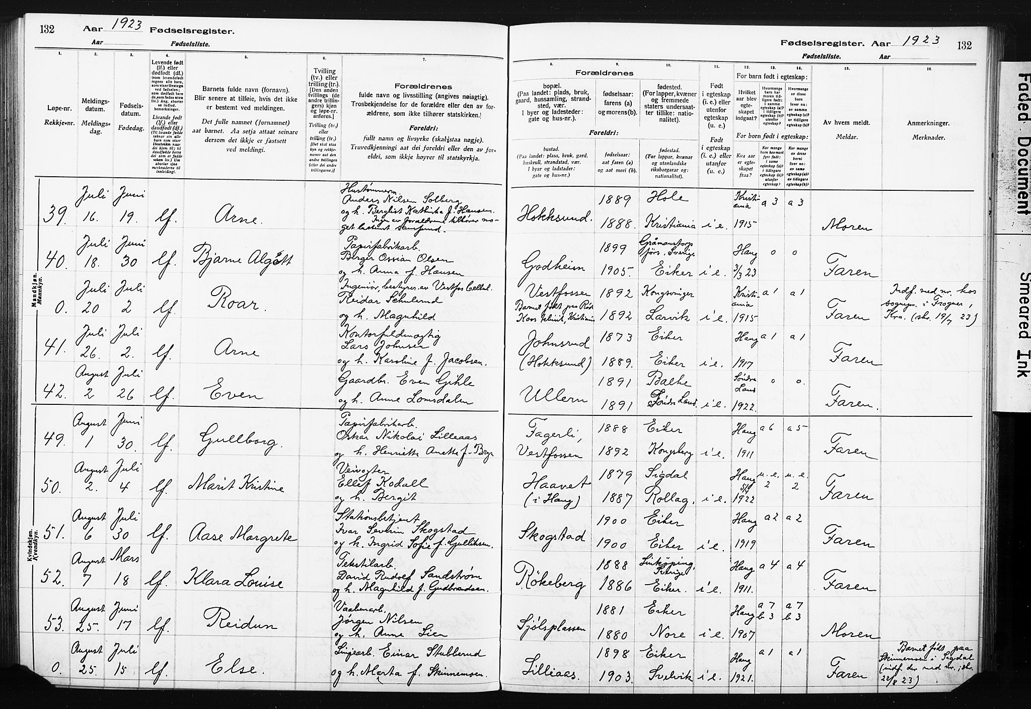 Eiker kirkebøker, AV/SAKO-A-4/J/Ja/L0001: Birth register no. I 1, 1916-1927, p. 132