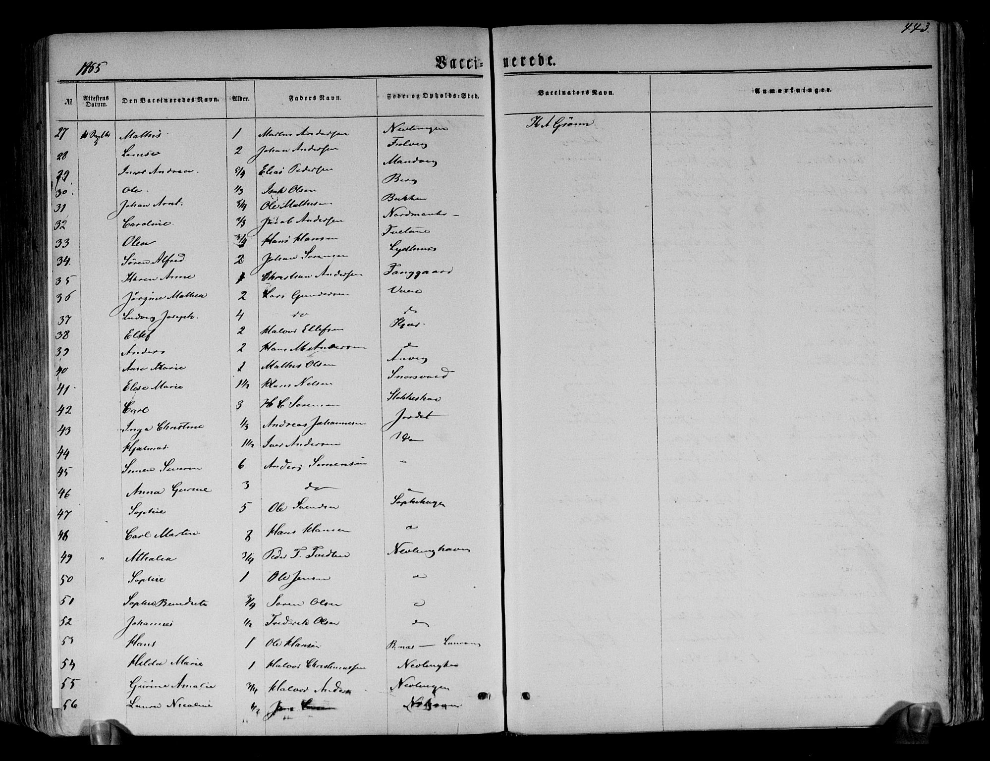 Brunlanes kirkebøker, SAKO/A-342/F/Fa/L0005: Parish register (official) no. I 5, 1862-1877, p. 443