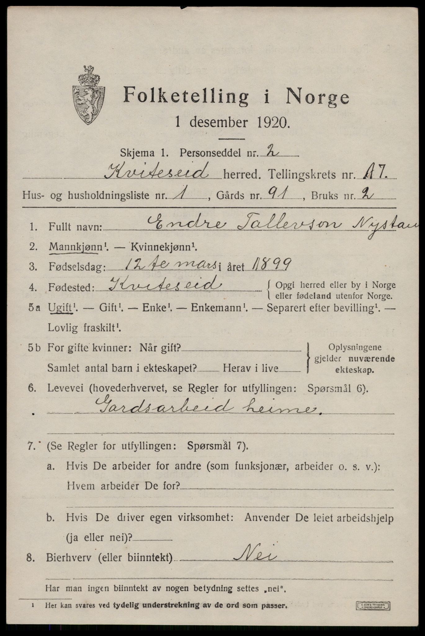 SAKO, 1920 census for Kviteseid, 1920, p. 7735