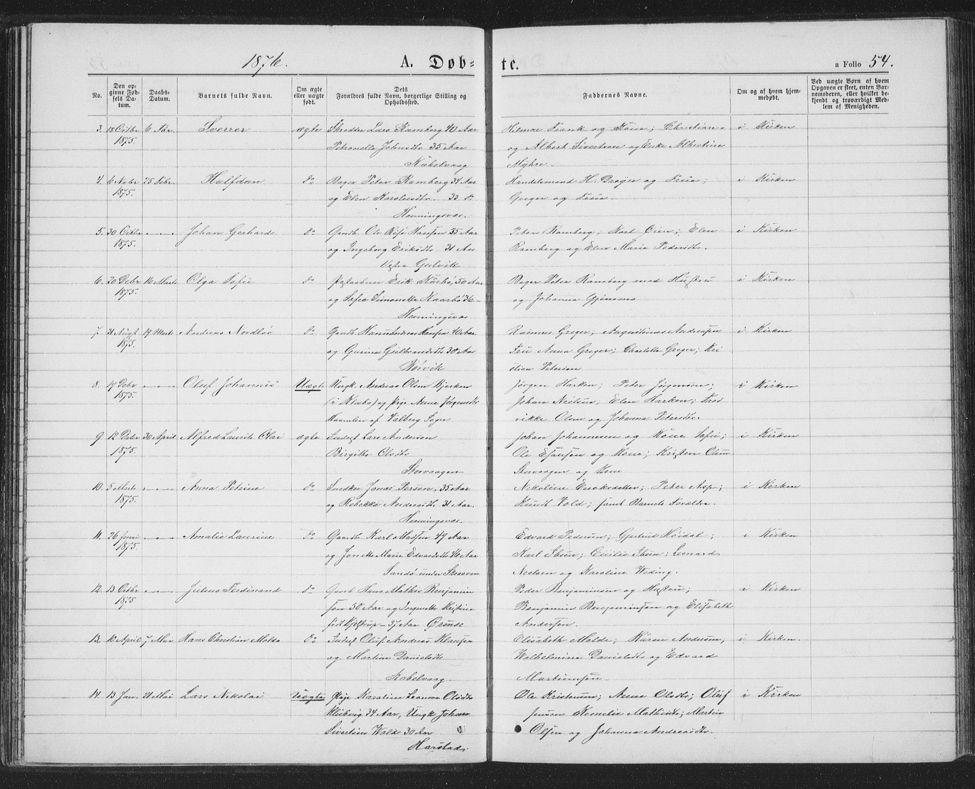 Ministerialprotokoller, klokkerbøker og fødselsregistre - Nordland, AV/SAT-A-1459/874/L1074: Parish register (copy) no. 874C03, 1870-1876, p. 54